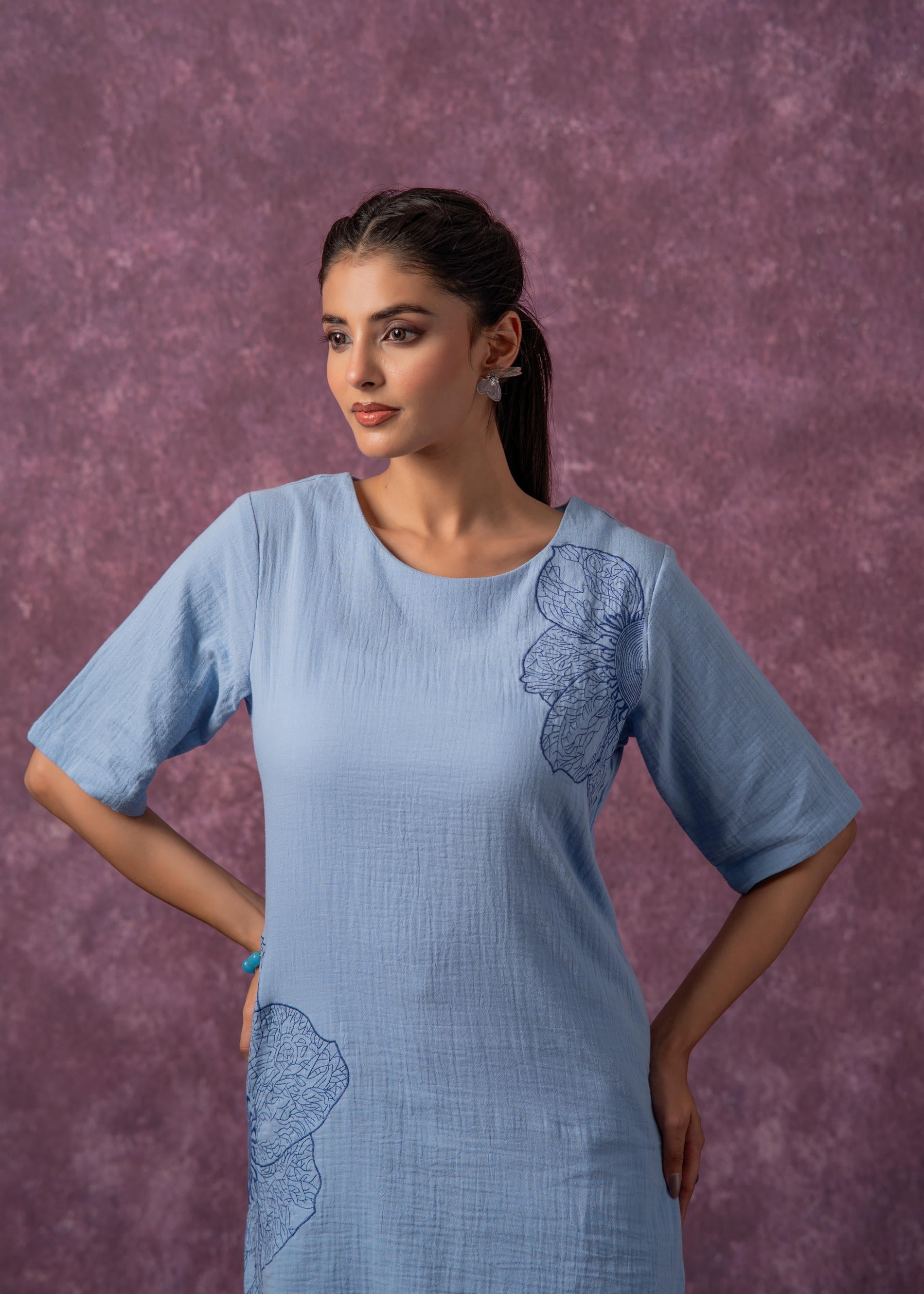 Sky Blue Cotton Embroidered Straight Kurta for Women
