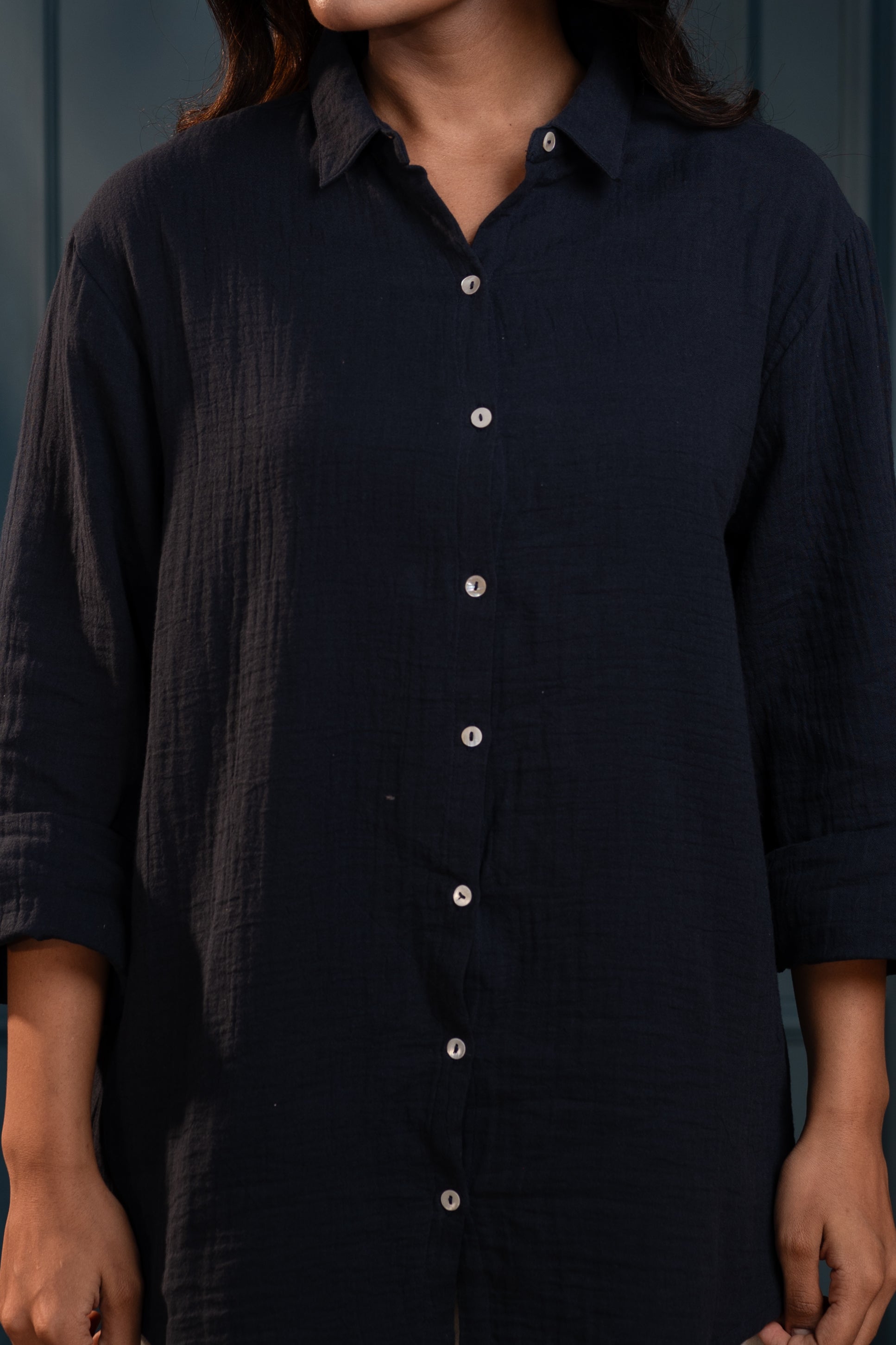 Women's Navy Cotton Shirt with Full Sleeves and Front Slit