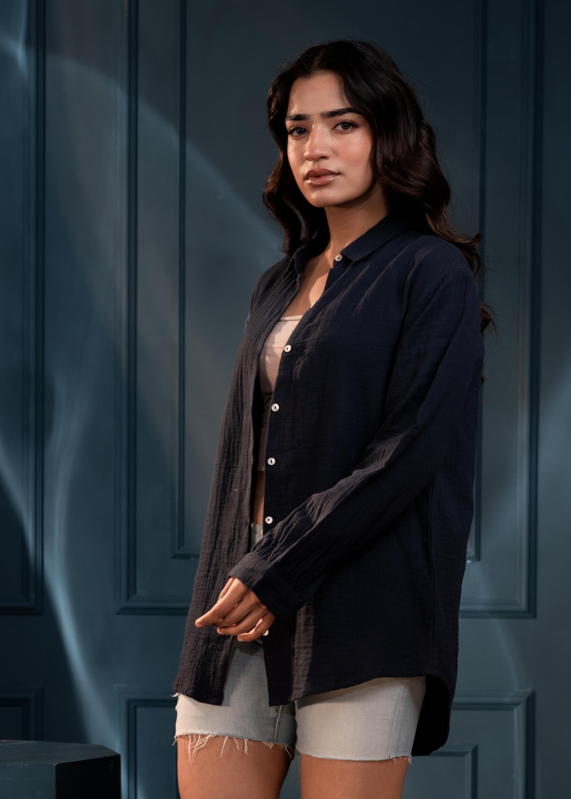 Women's Navy Cotton Shirt with Full Sleeves and Front Slit
