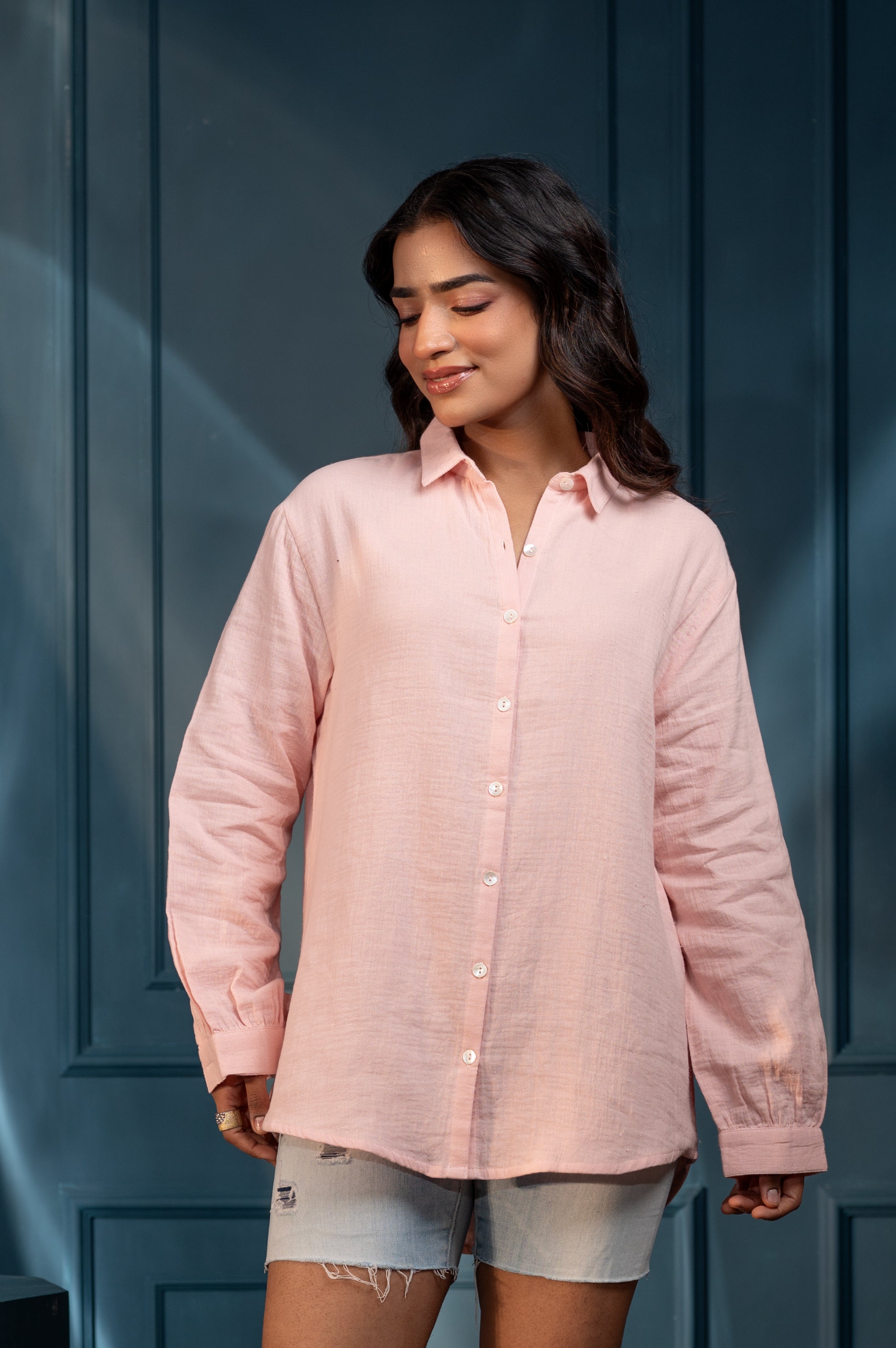 Women's peach Cotton Shirt with Full Sleeves and Front Slit