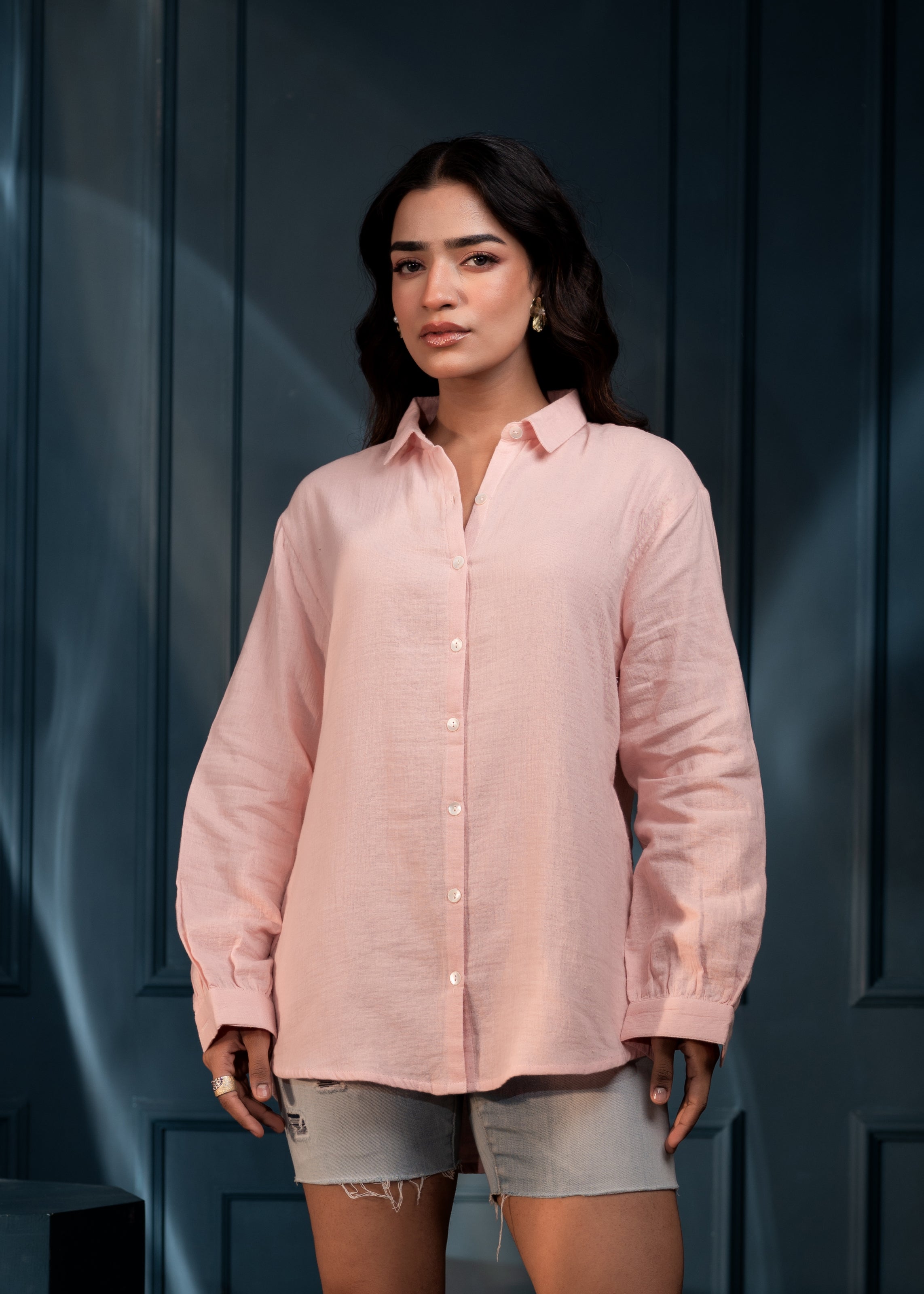 Women's peach Cotton Shirt with Full Sleeves and Front Slit