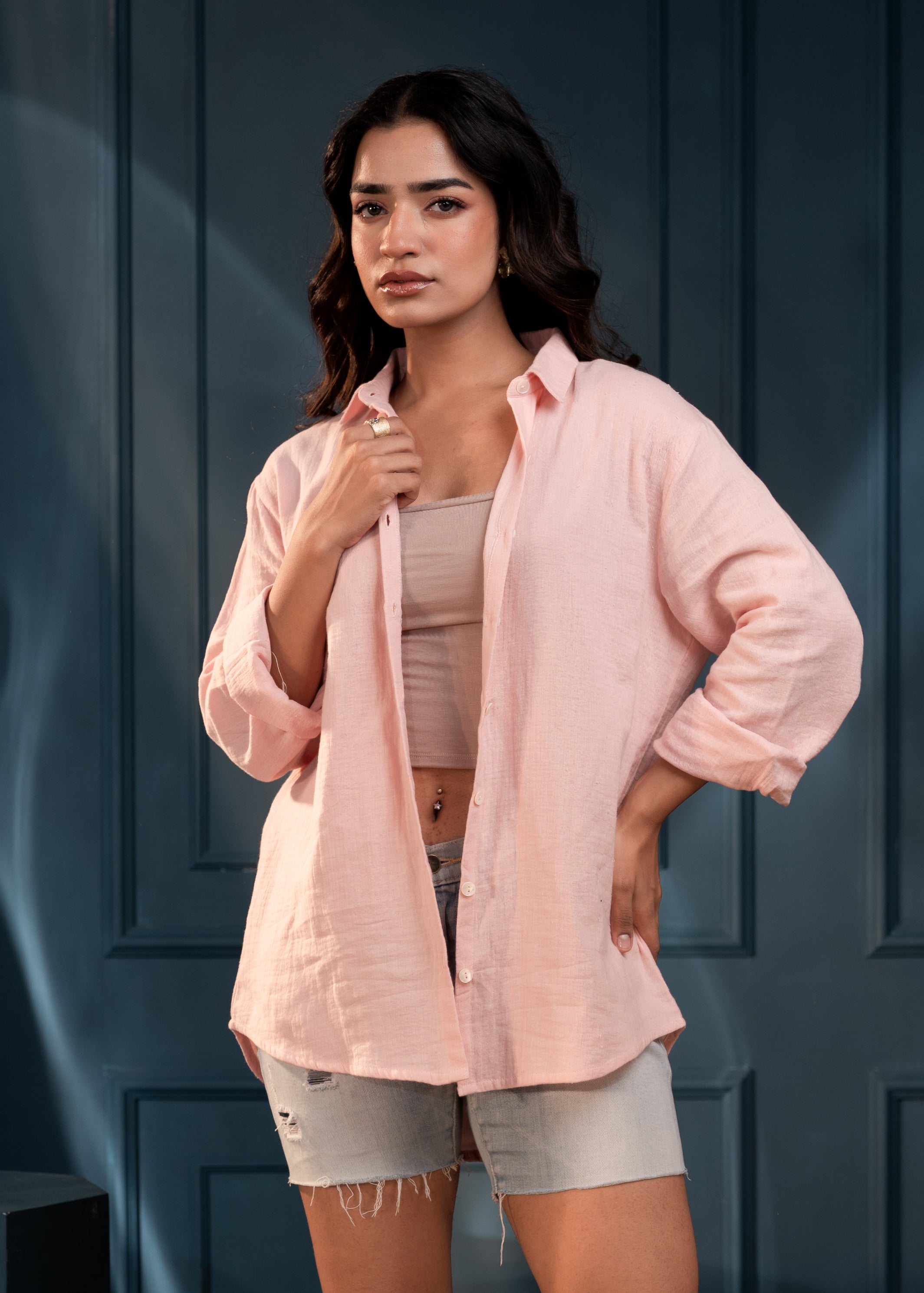 Women's peach Cotton Shirt with Full Sleeves and Front Slit