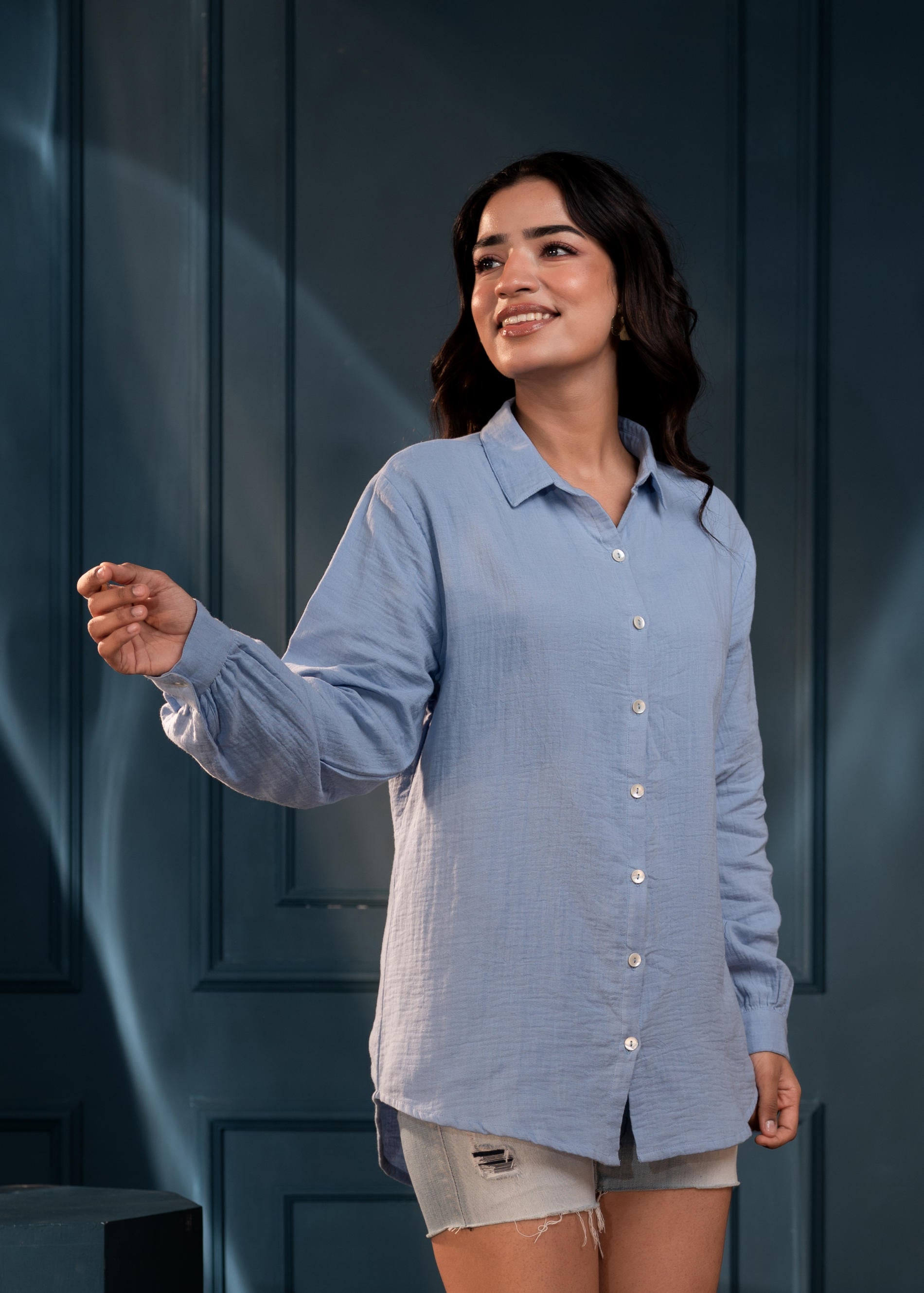 Women's Sky Blue Cotton Shirt with Full Sleeves and Front Slit