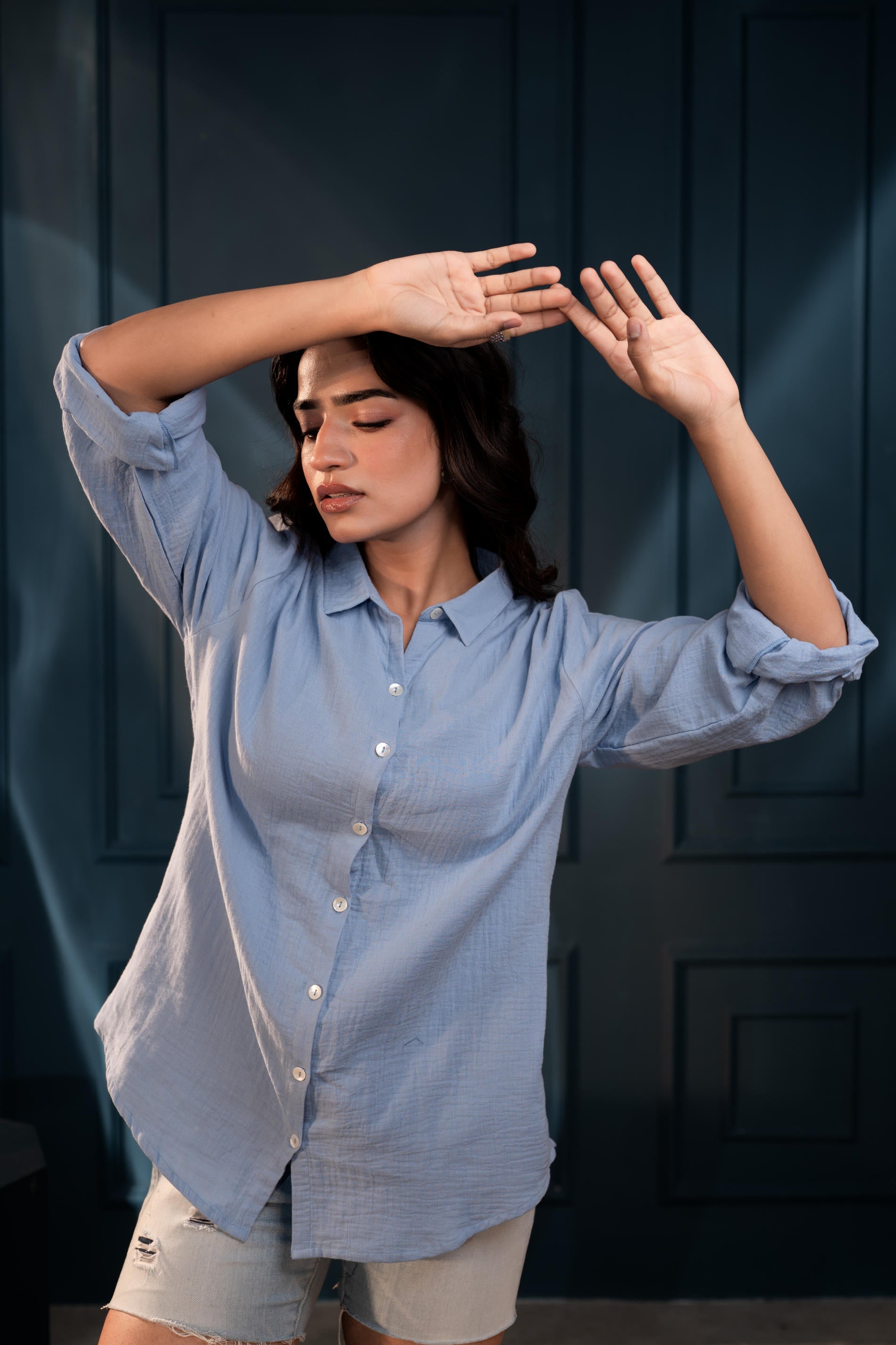 Women's Sky Blue Cotton Shirt with Full Sleeves and Front Slit