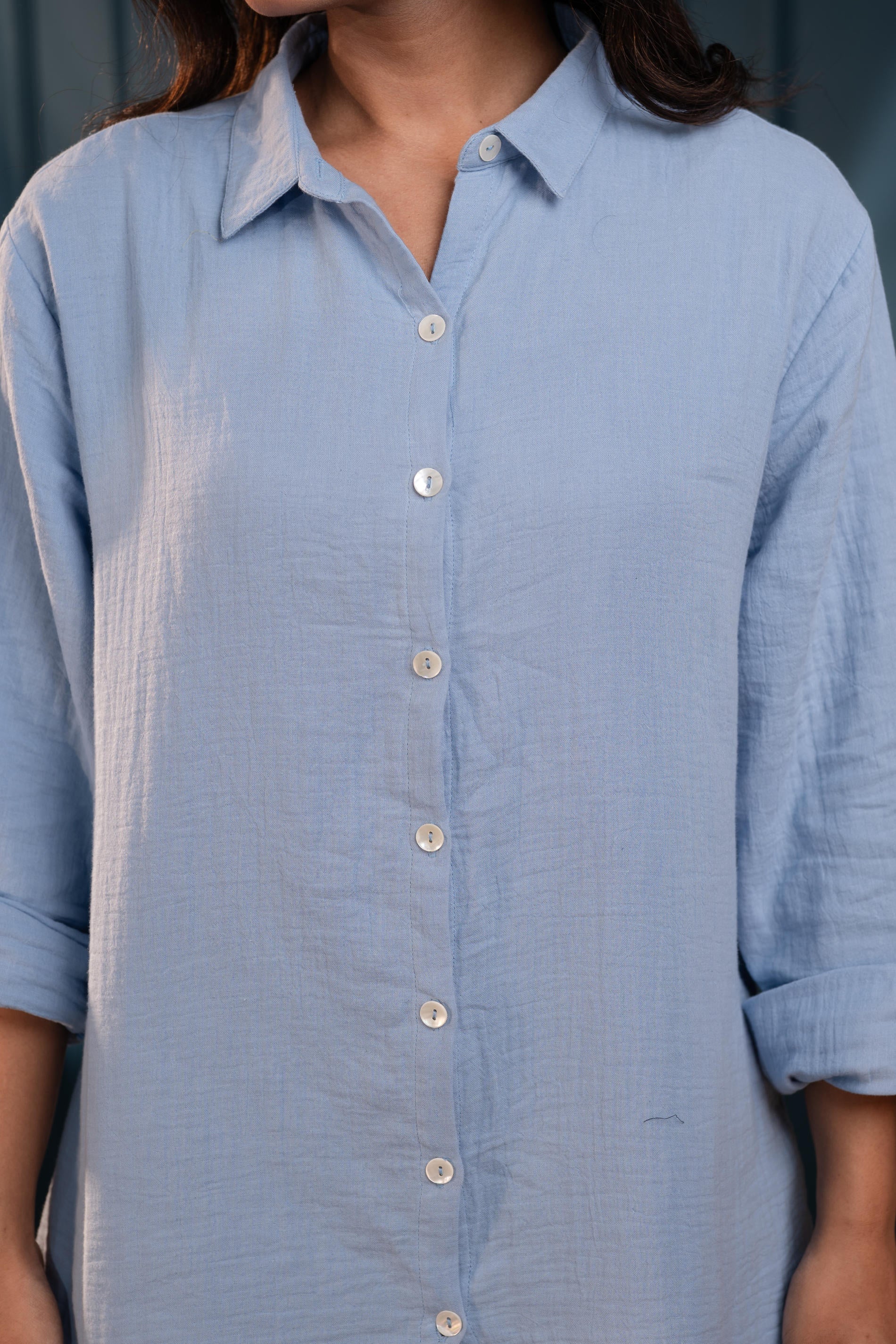 Women's Sky Blue Cotton Shirt with Full Sleeves and Front Slit