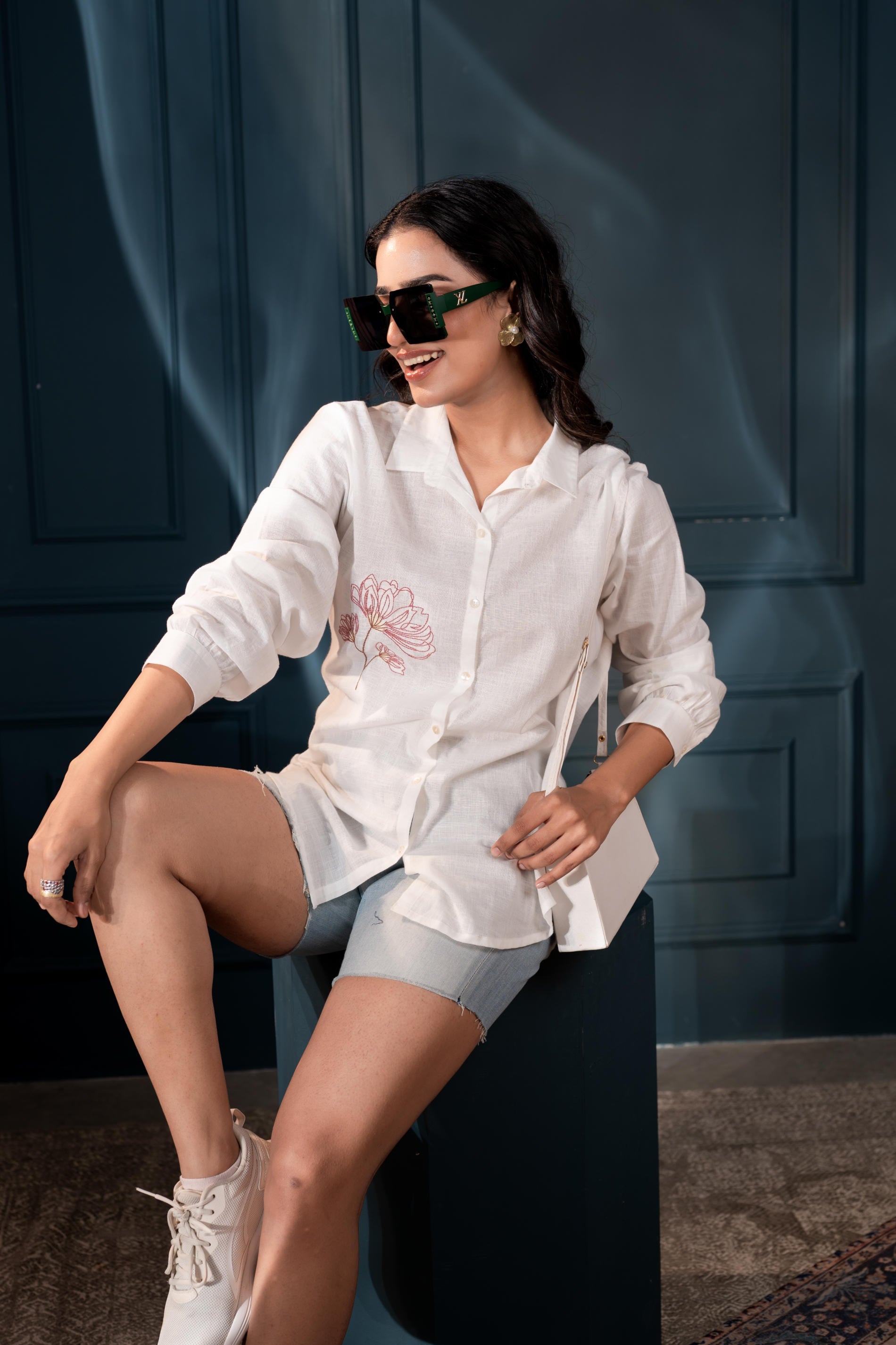 Women's White Cotton Shirt with Thread Work and Full Sleeves