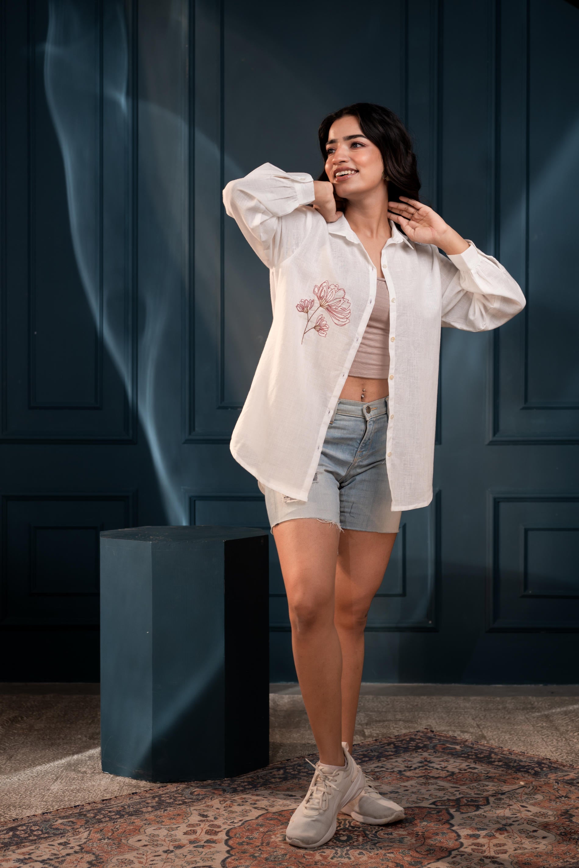 Women's White Cotton Shirt with Thread Work and Full Sleeves