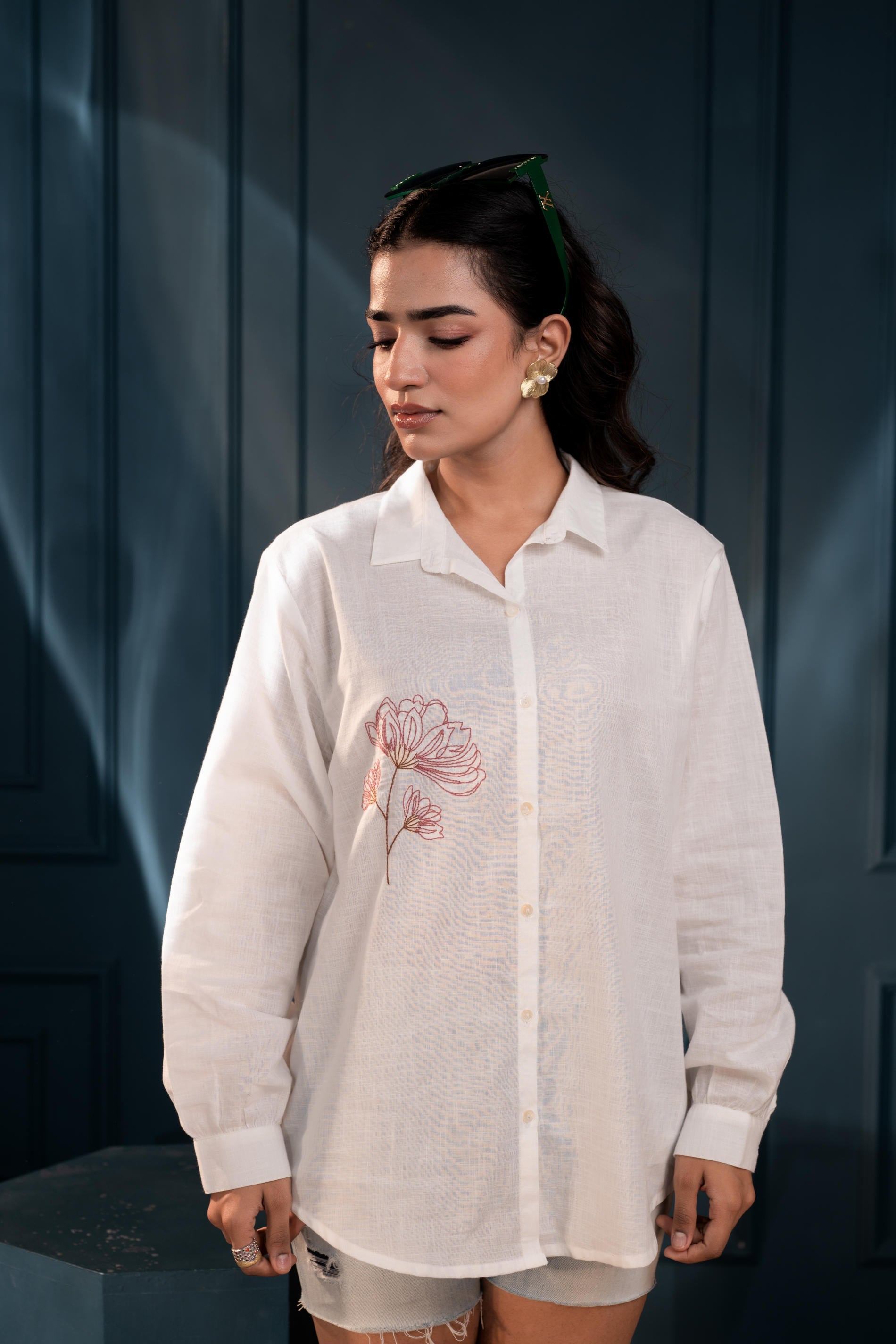 Women's White Cotton Shirt with Thread Work and Full Sleeves