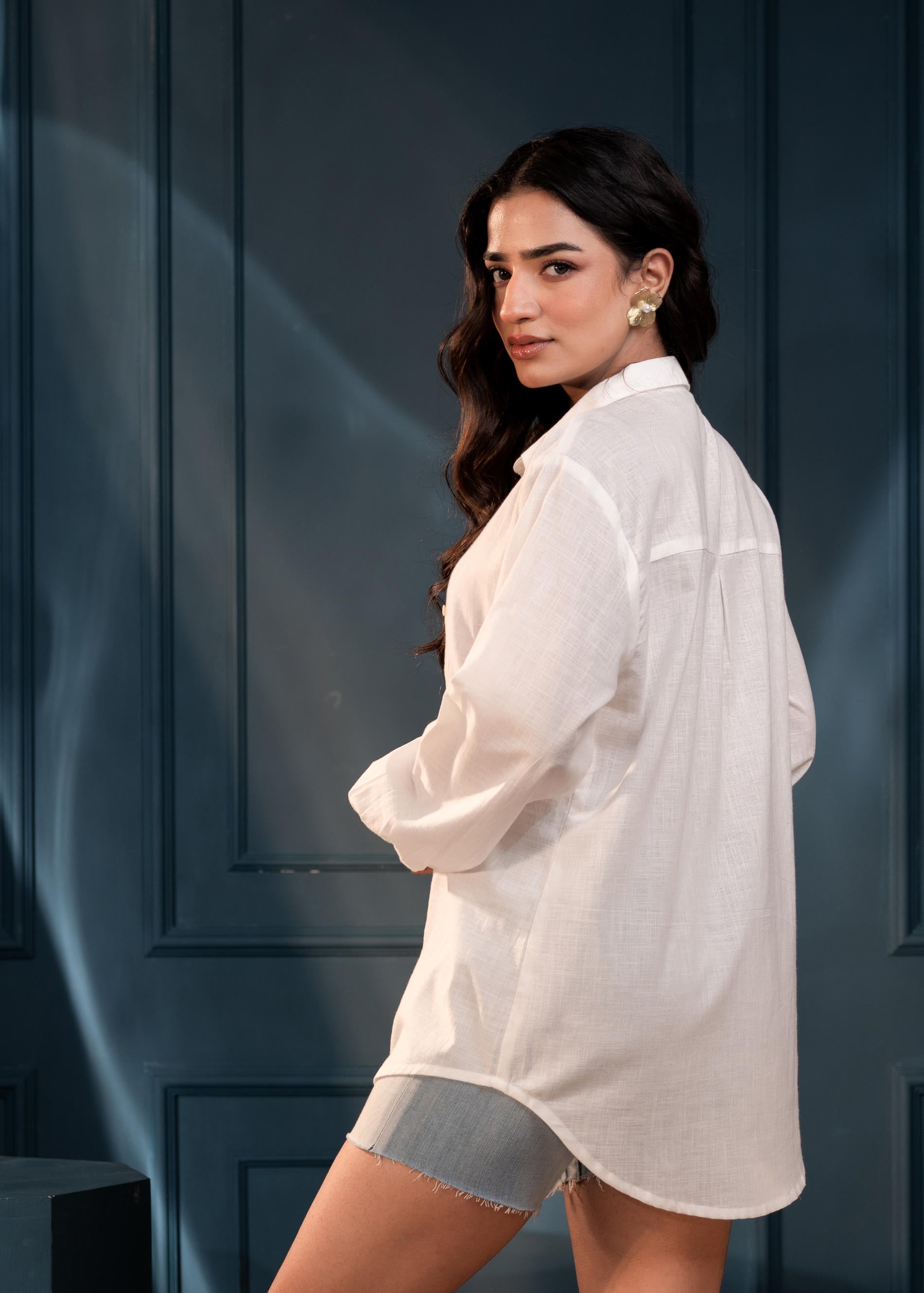 Women's White Cotton Shirt with Thread Work and Full Sleeves