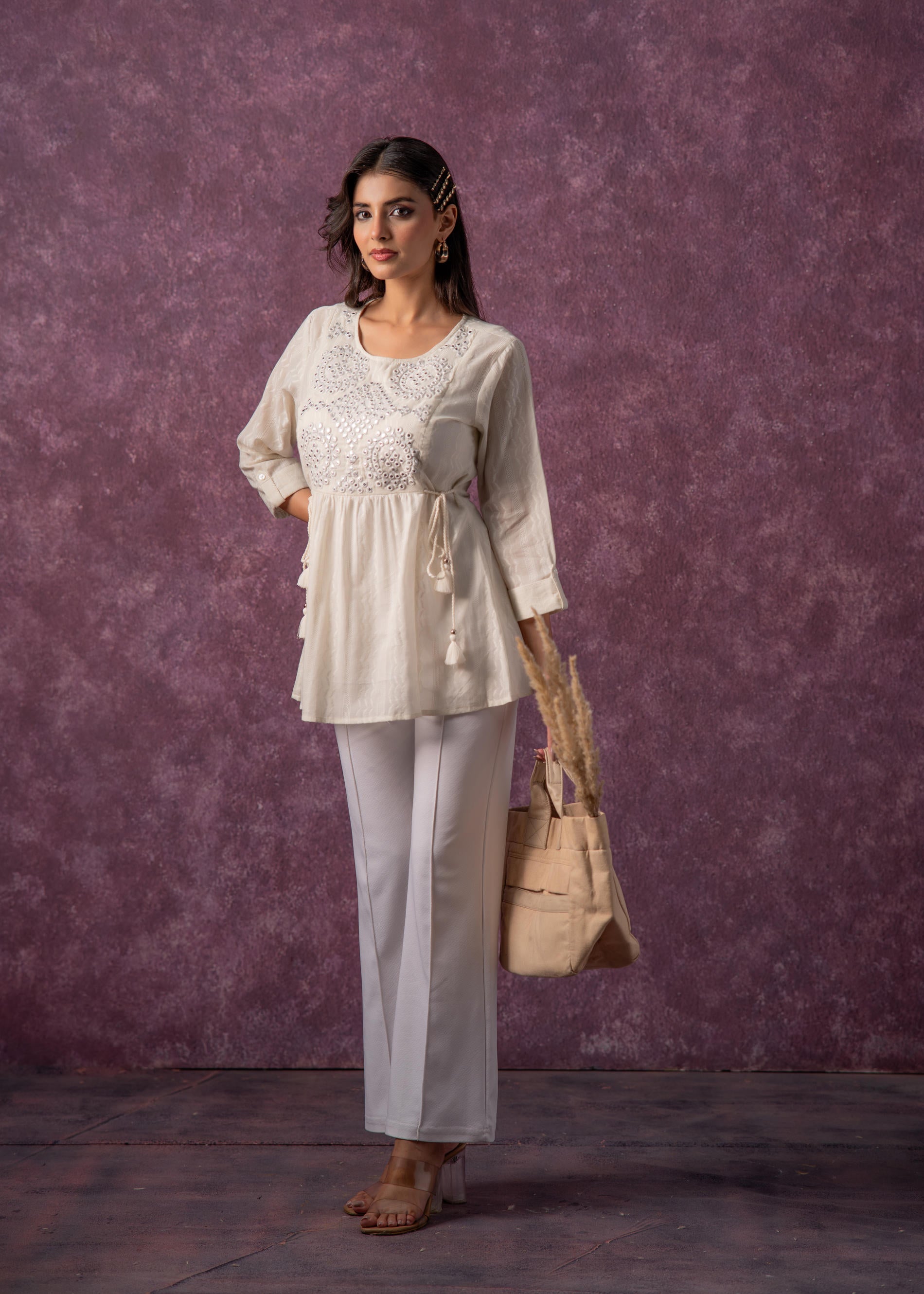 Women's Off-White Cotton Tunic with Thread & Mirror Work