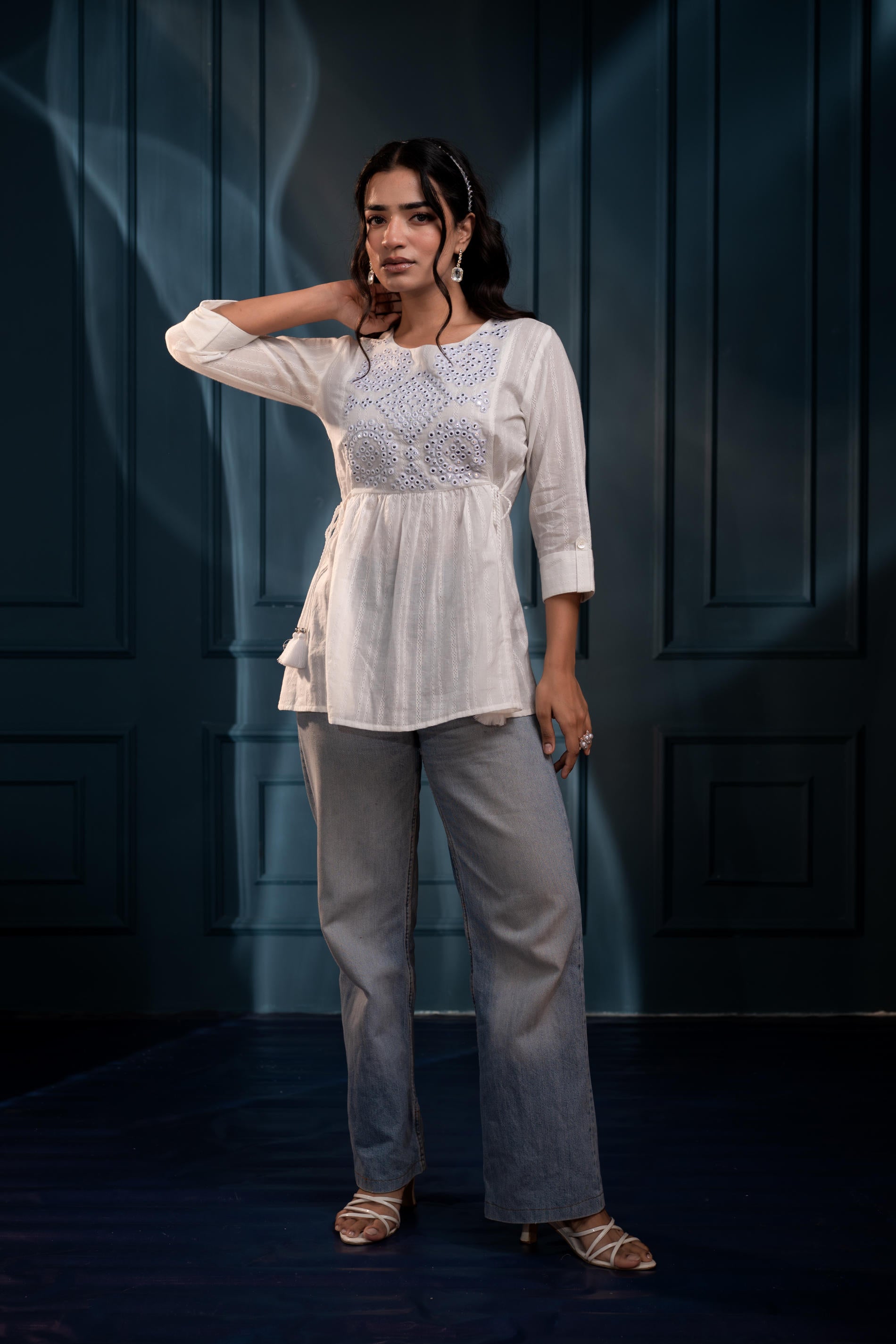 Women's White Embroidered Cotton Tunic with Thread and Mirror Work