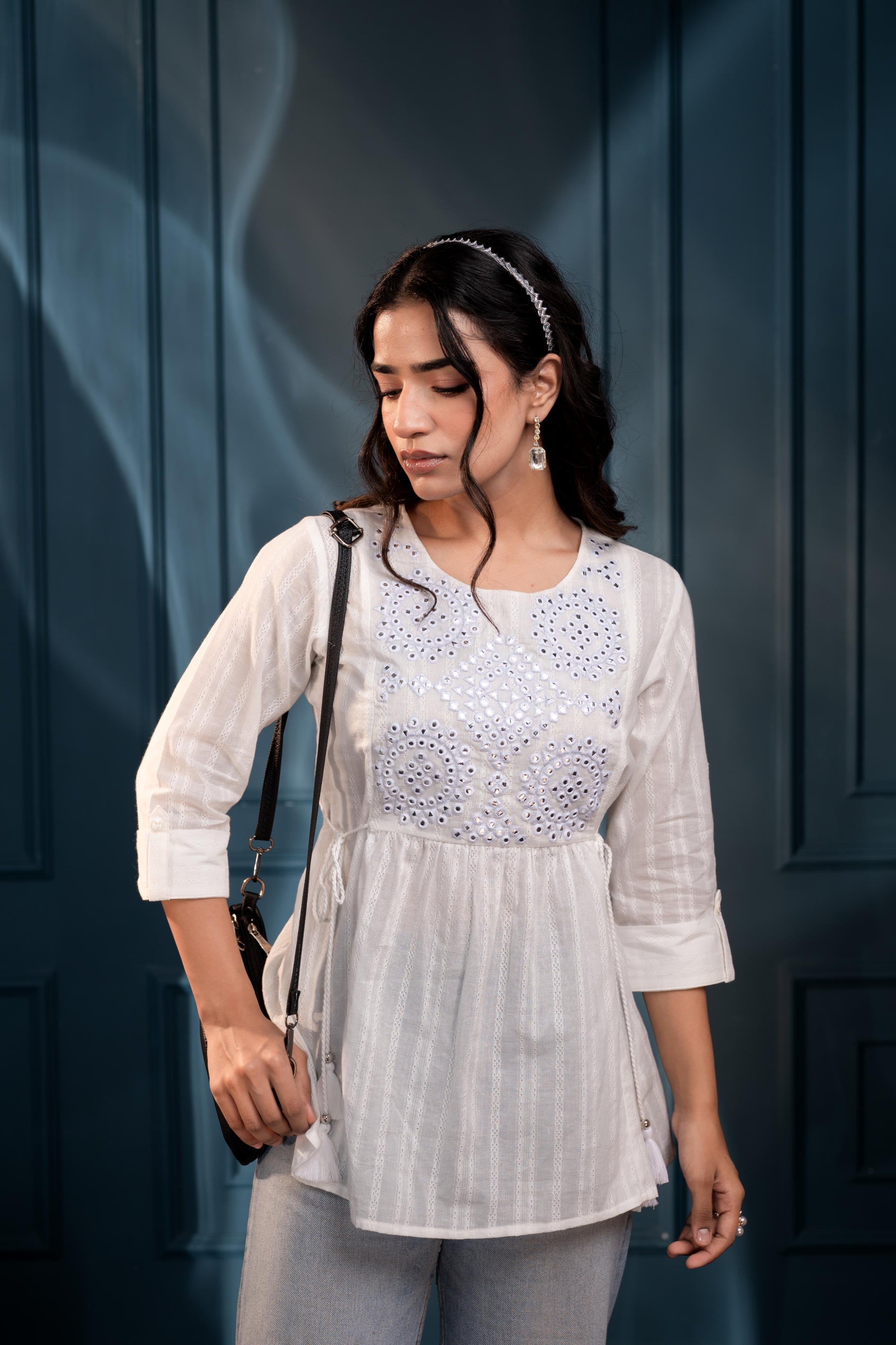 Women's White Embroidered Cotton Tunic with Thread and Mirror Work