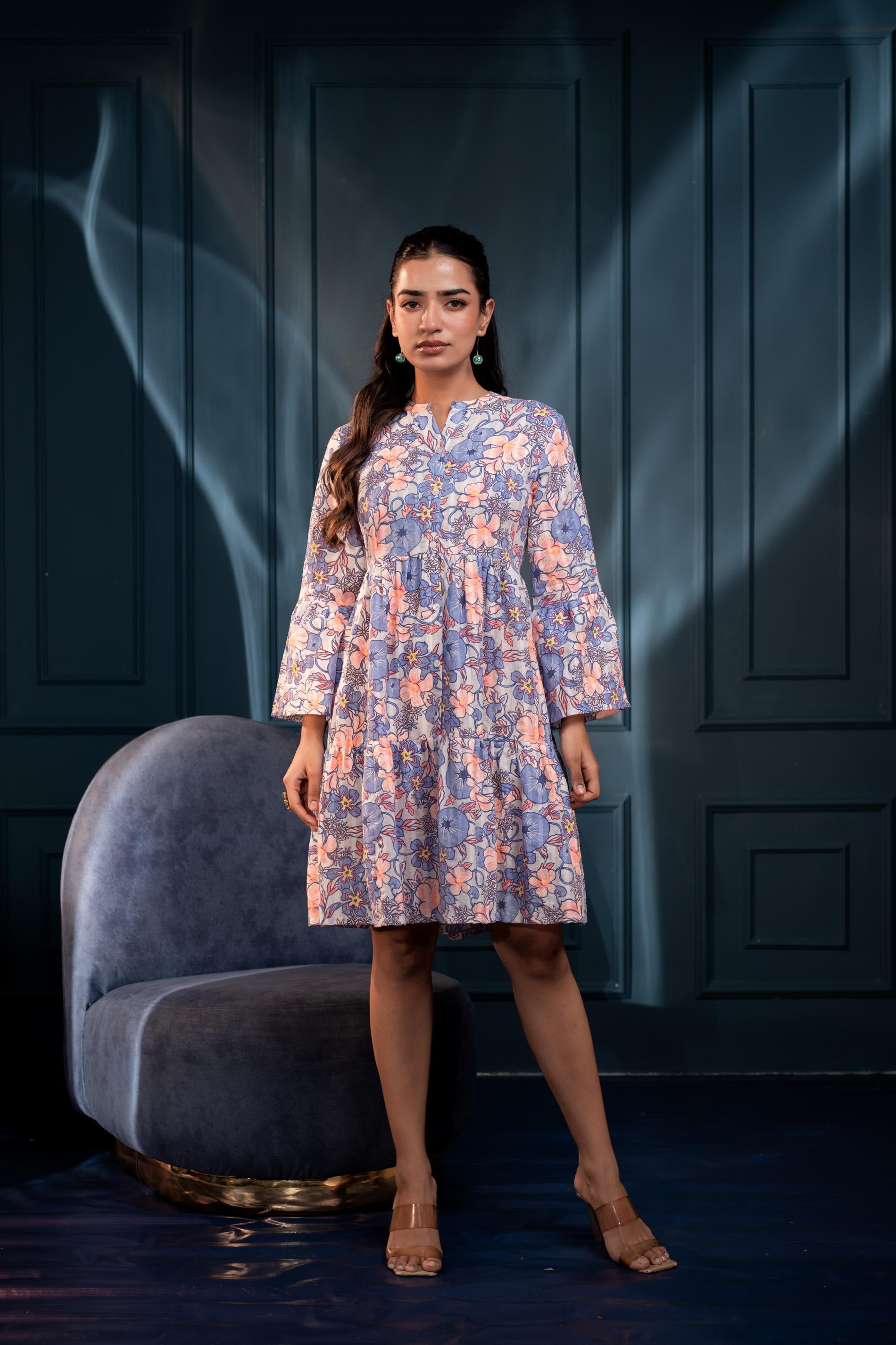 Women's Blue & Orange Floral Cotton Short Dress