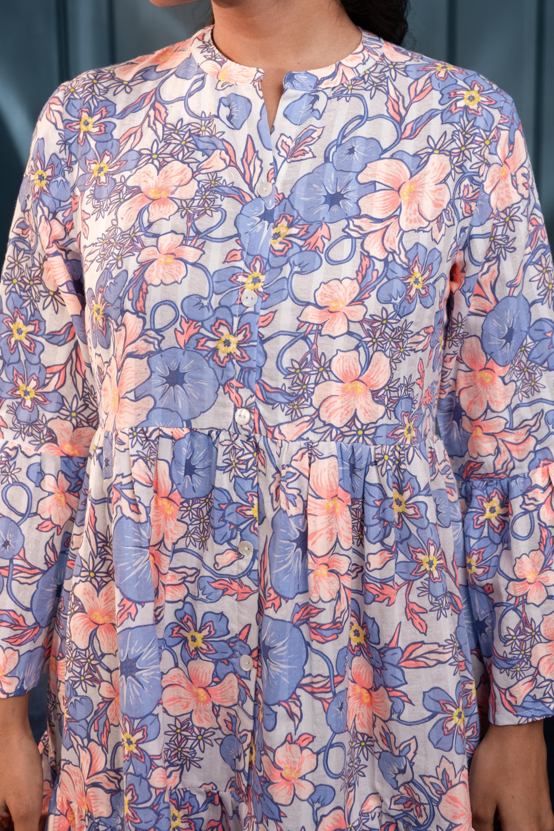 Women's Blue & Orange Floral Cotton Short Dress