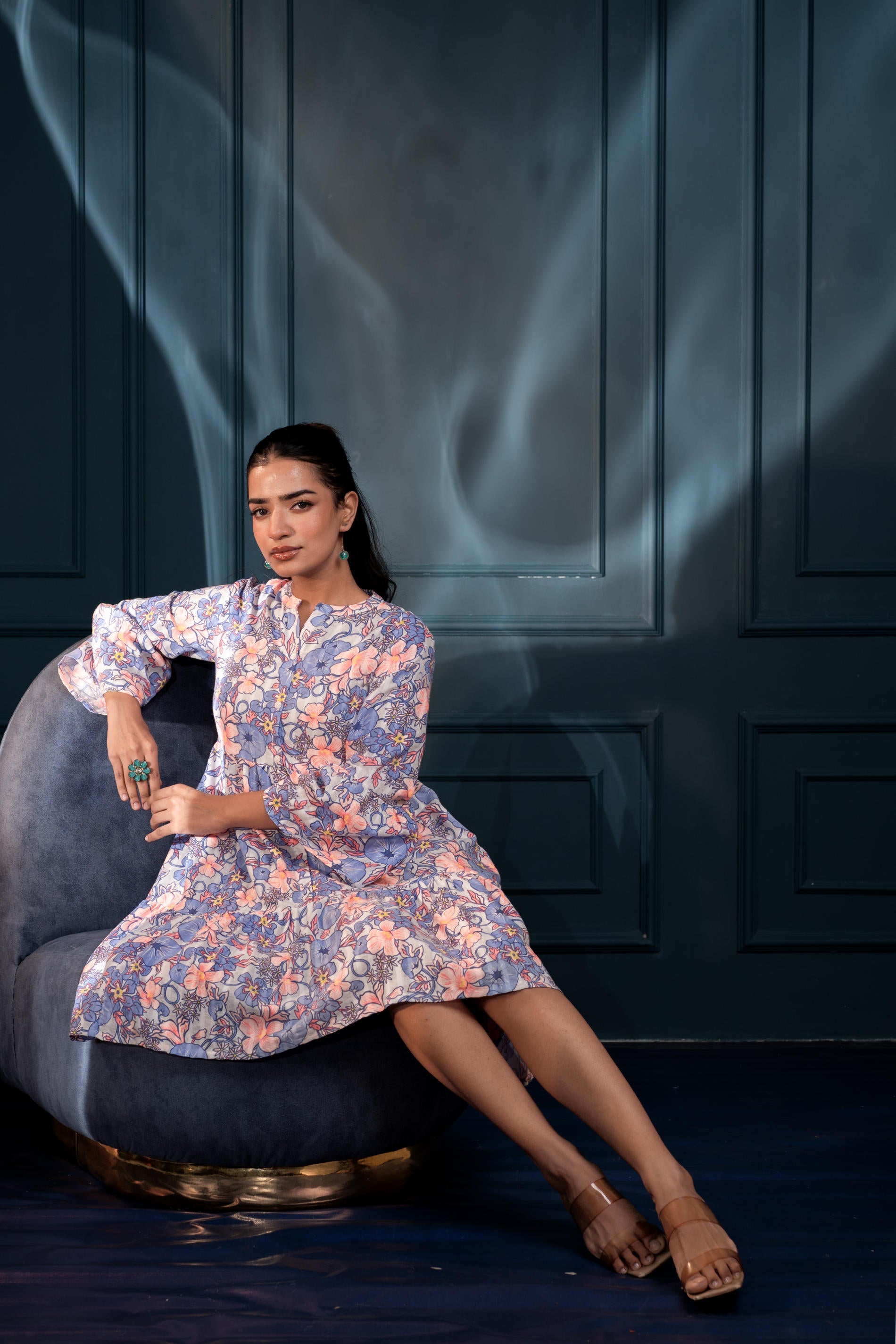 Women's Blue & Orange Floral Cotton Short Dress