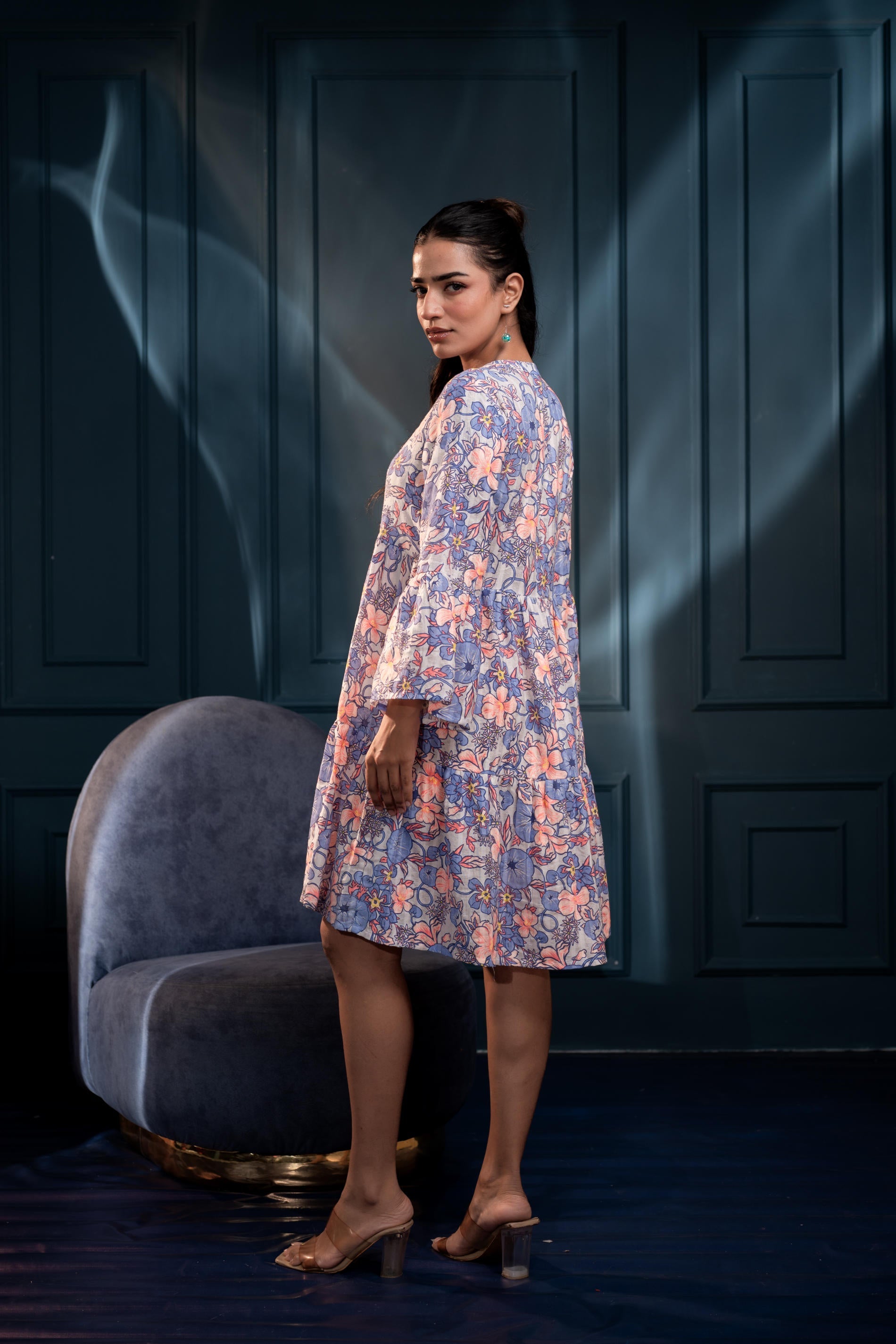 Women's Blue & Orange Floral Cotton Short Dress