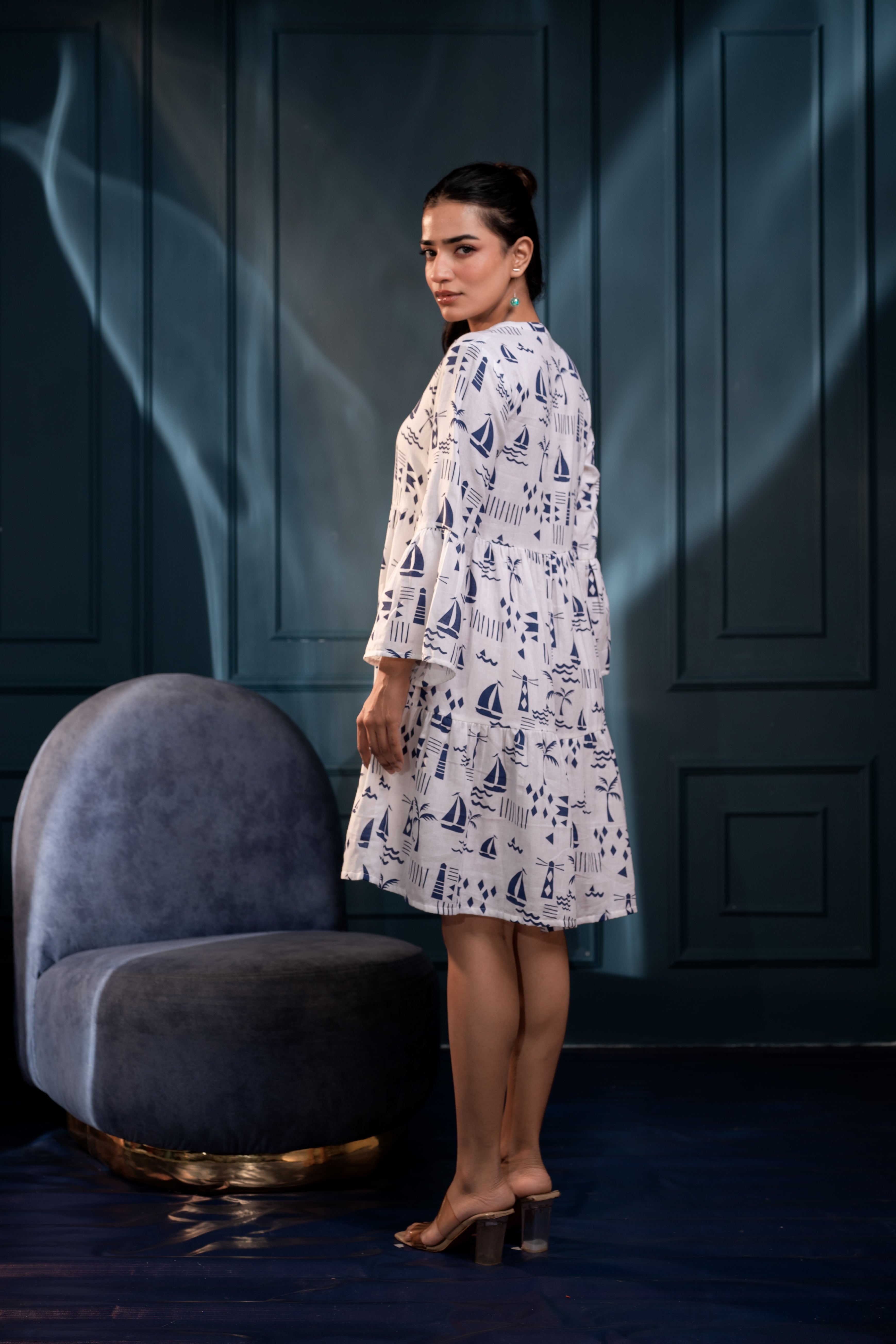 Women's Off-White & Blue Cotton Short Dress with Tropical Print