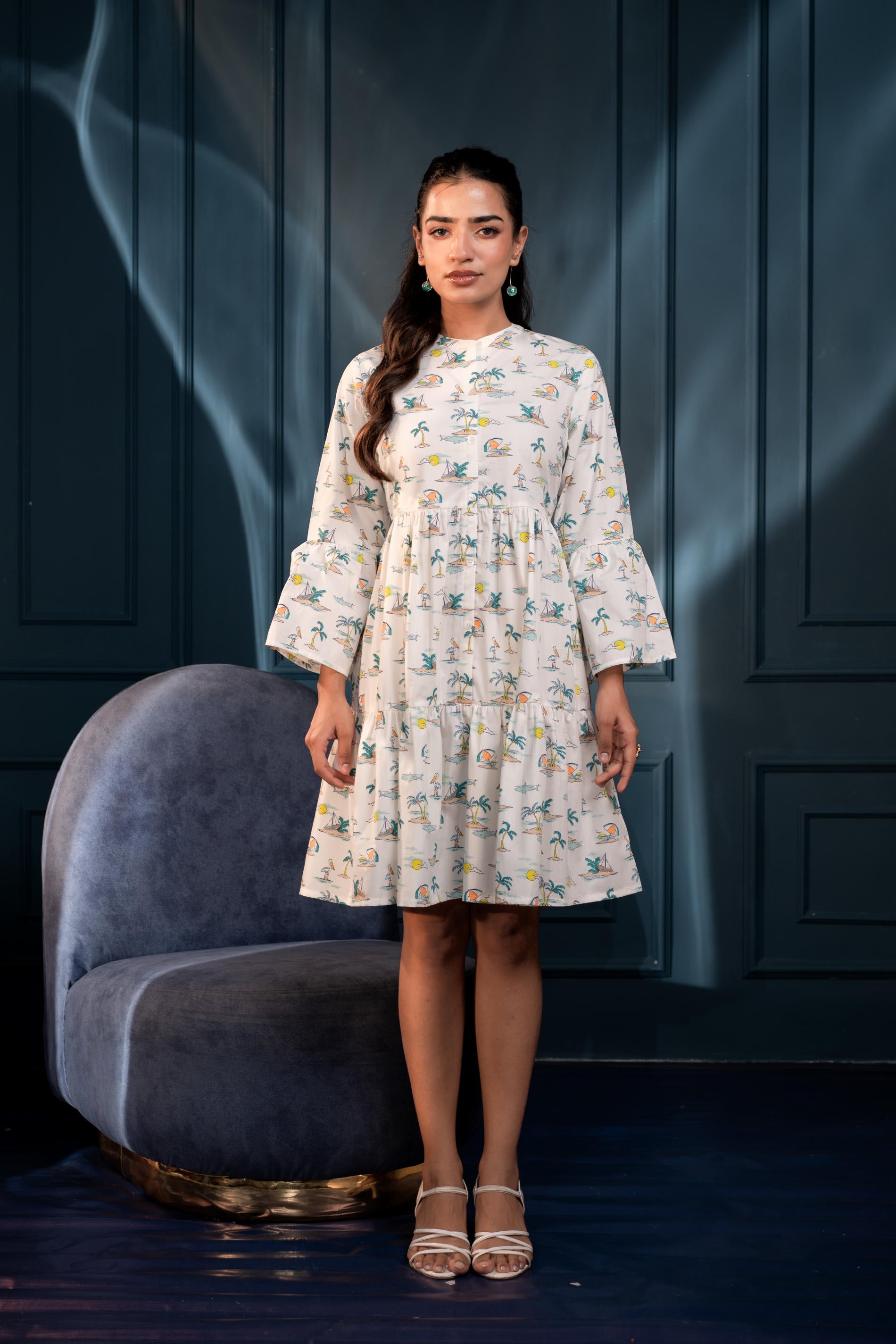 Women's White & Green Ethnic Motifs Cotton Short Dress