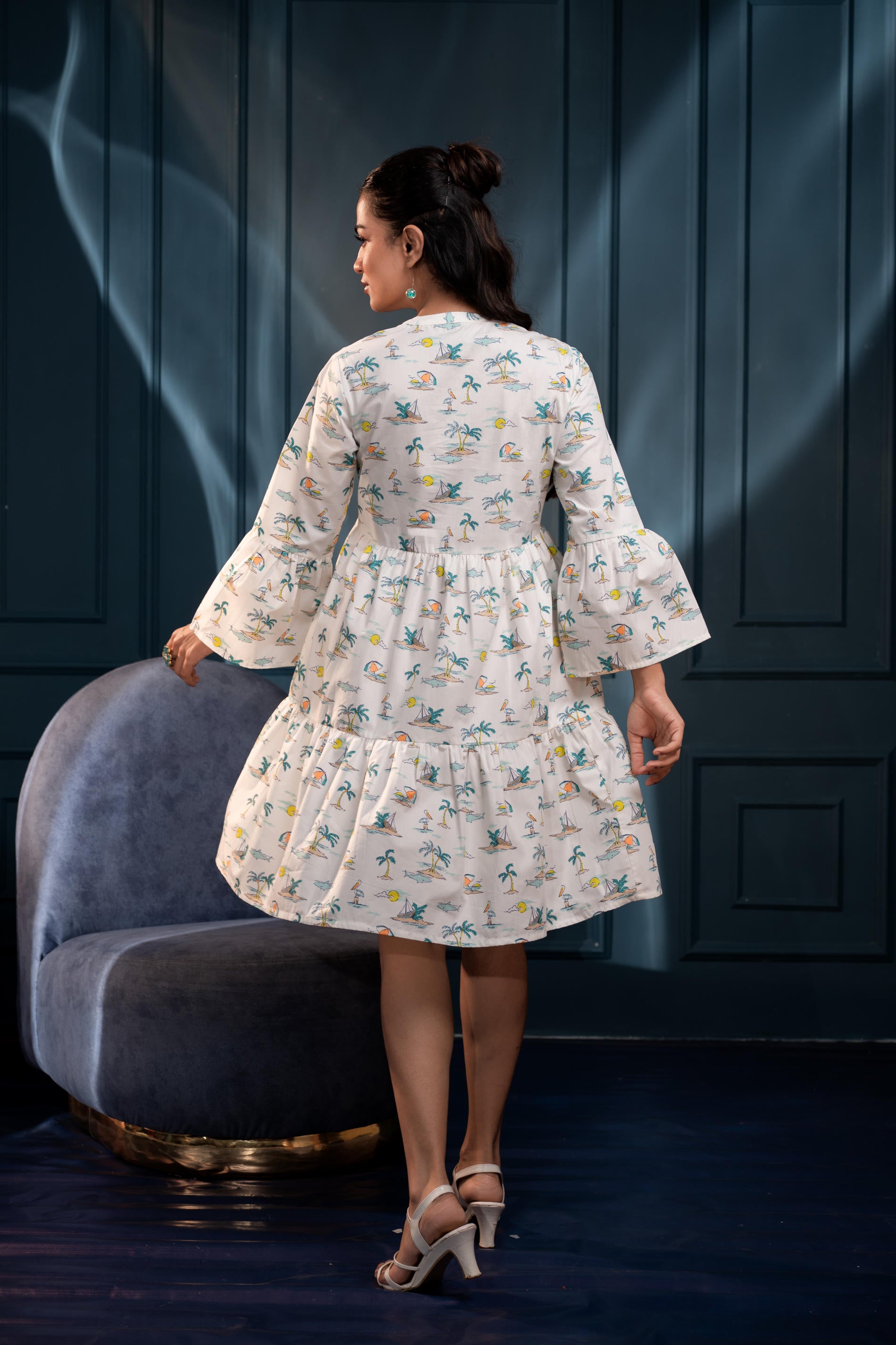 Women's White & Green Ethnic Motifs Cotton Short Dress