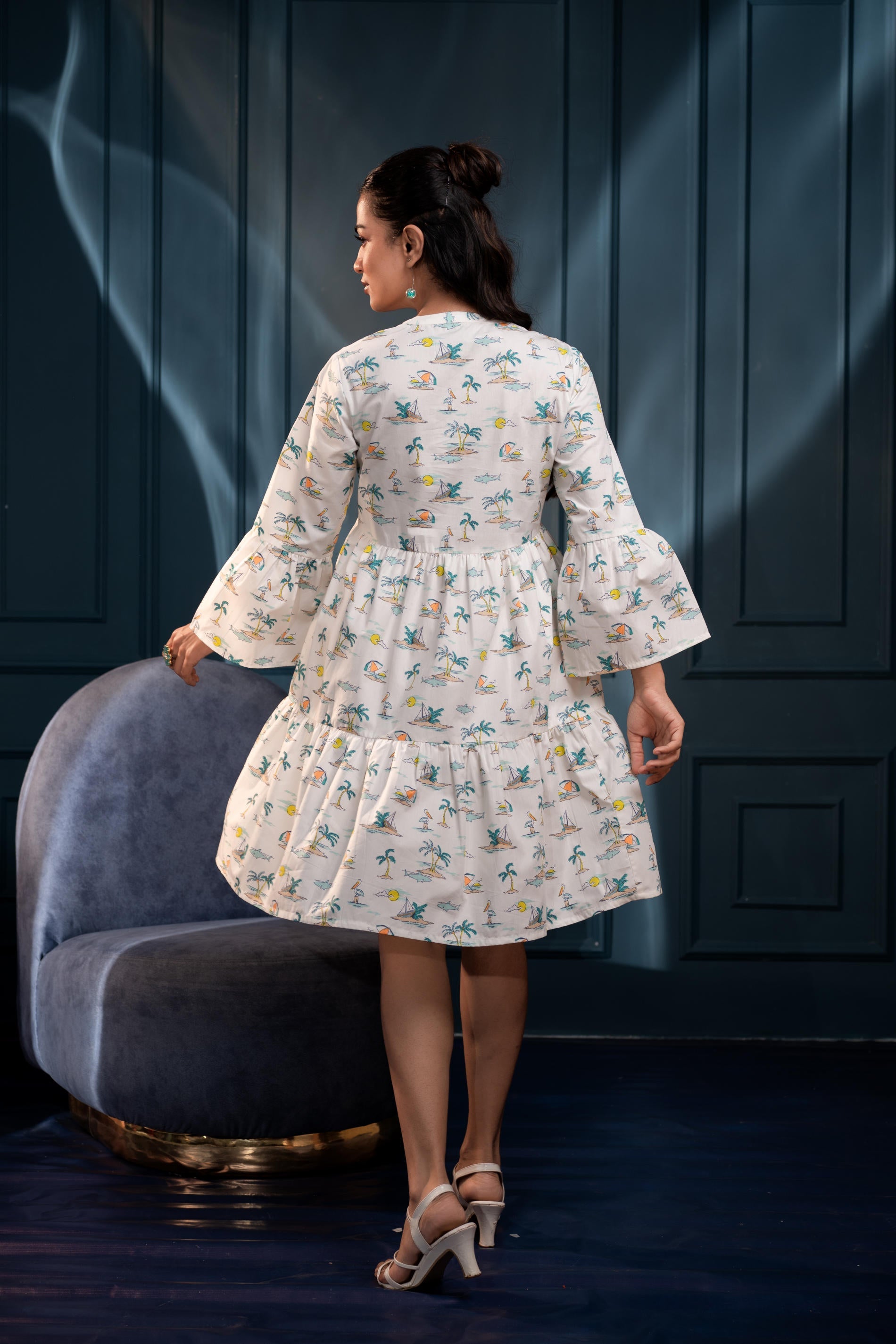 Women's White & Green Ethnic Motifs Cotton Short Dress