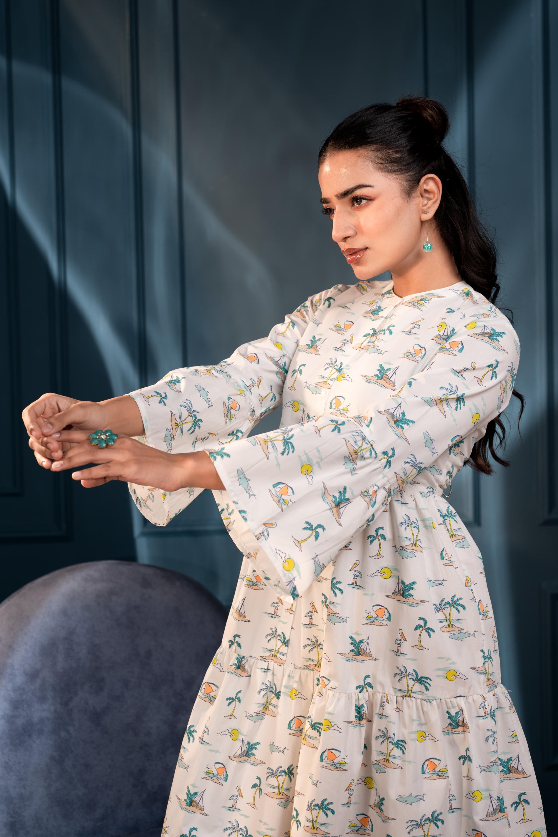 Women's White & Green Ethnic Motifs Cotton Short Dress