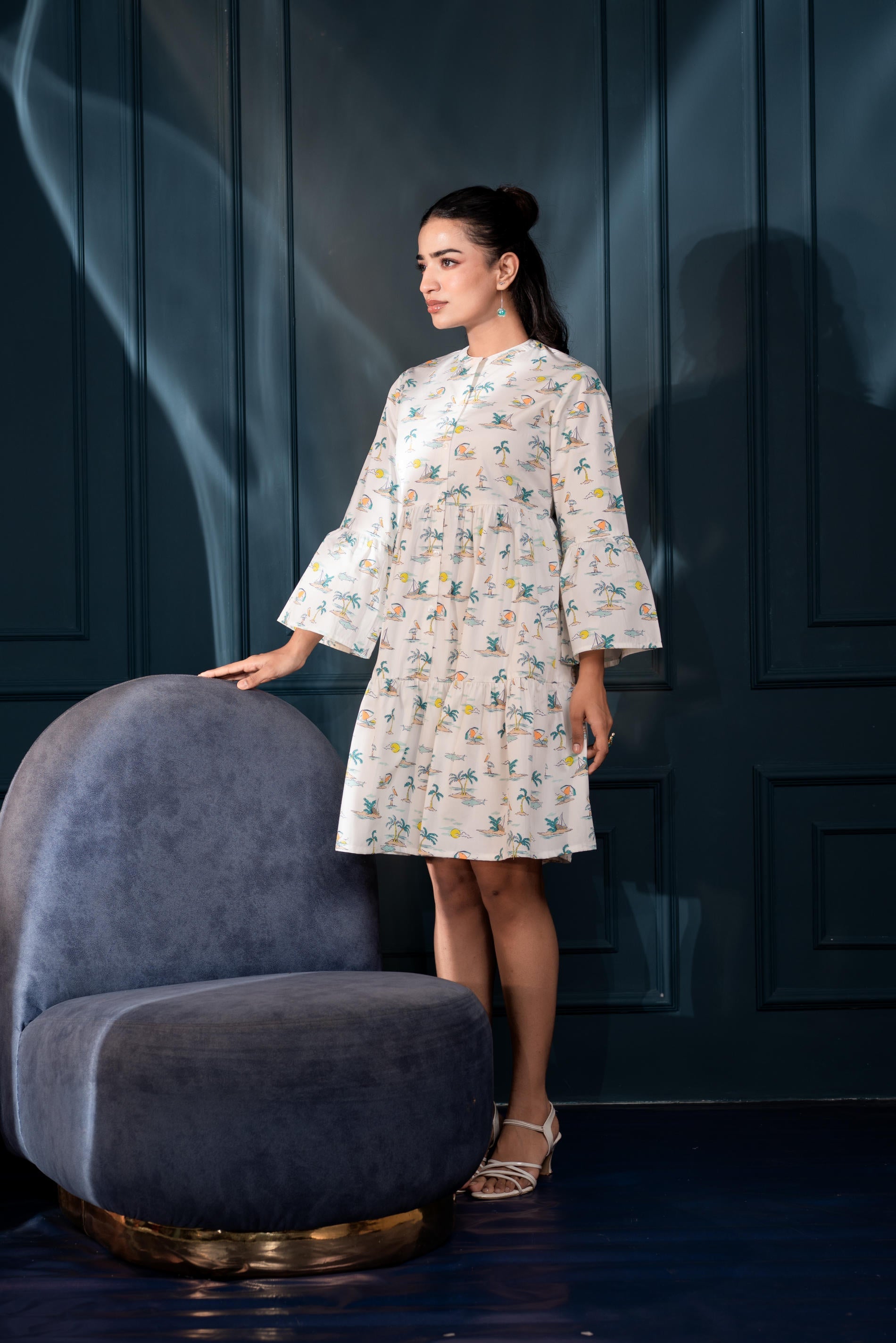 Women's White & Green Ethnic Motifs Cotton Short Dress