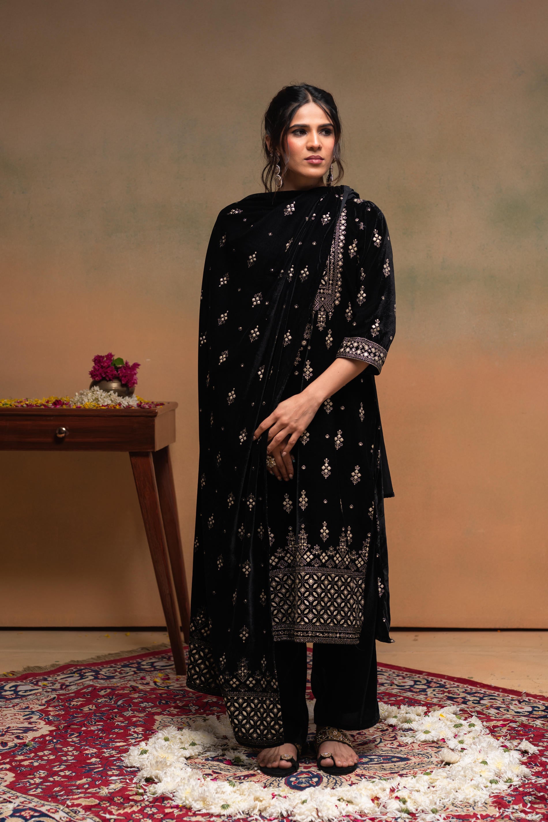 Black embroidered Straight Kurta Set with Geometric Yoke & Matching Dupatta