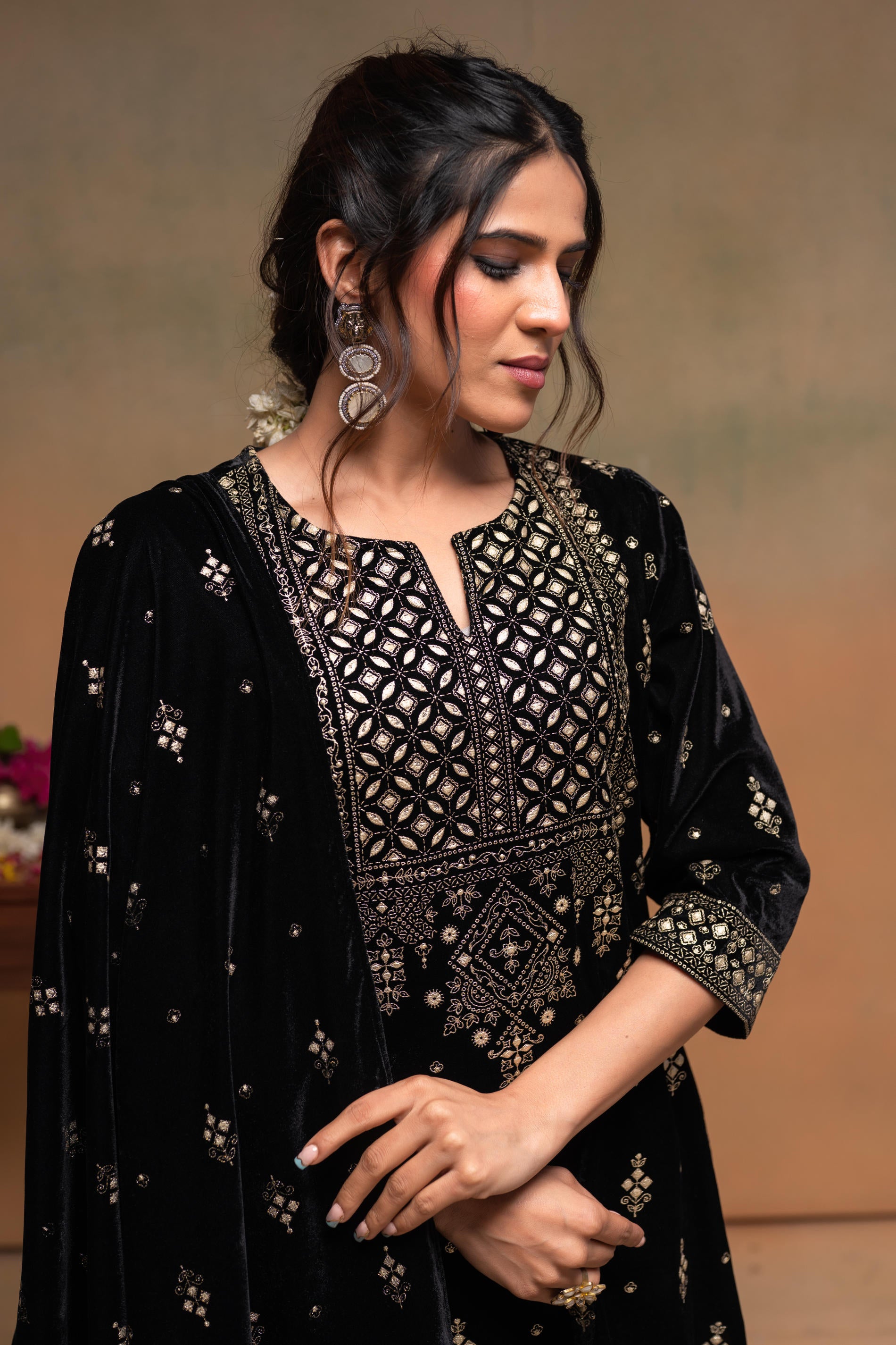 Black embroidered Straight Kurta Set with Geometric Yoke & Matching Dupatta