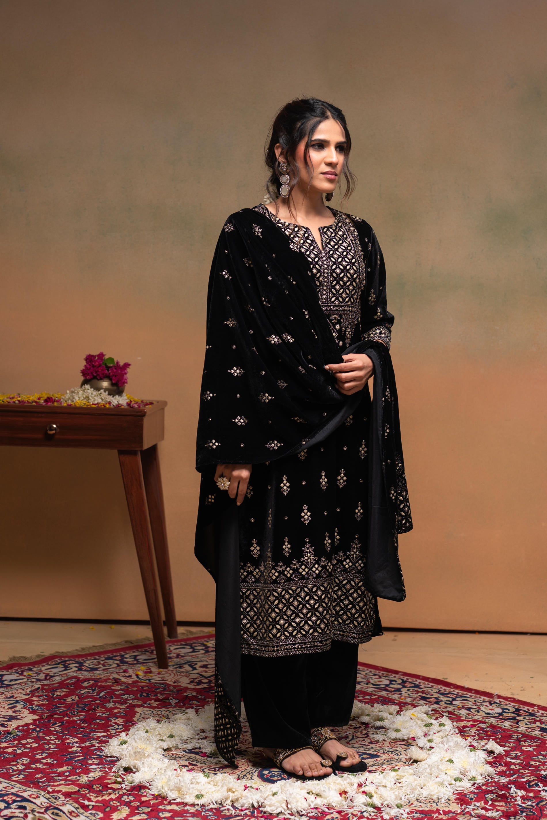 Black embroidered Straight Kurta Set with Geometric Yoke & Matching Dupatta