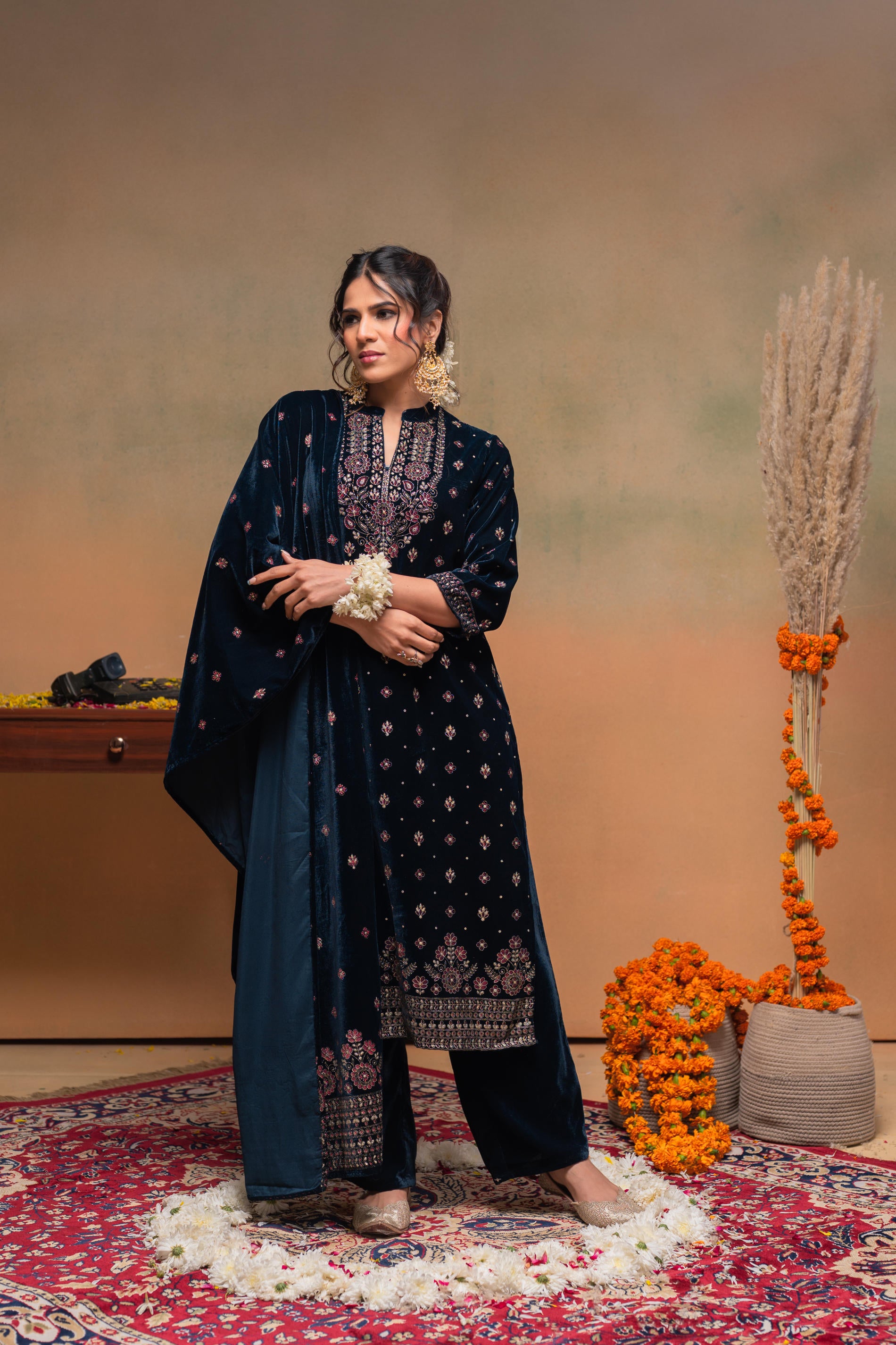 Teal , Embroidered Straight Kurta Set with dupatta