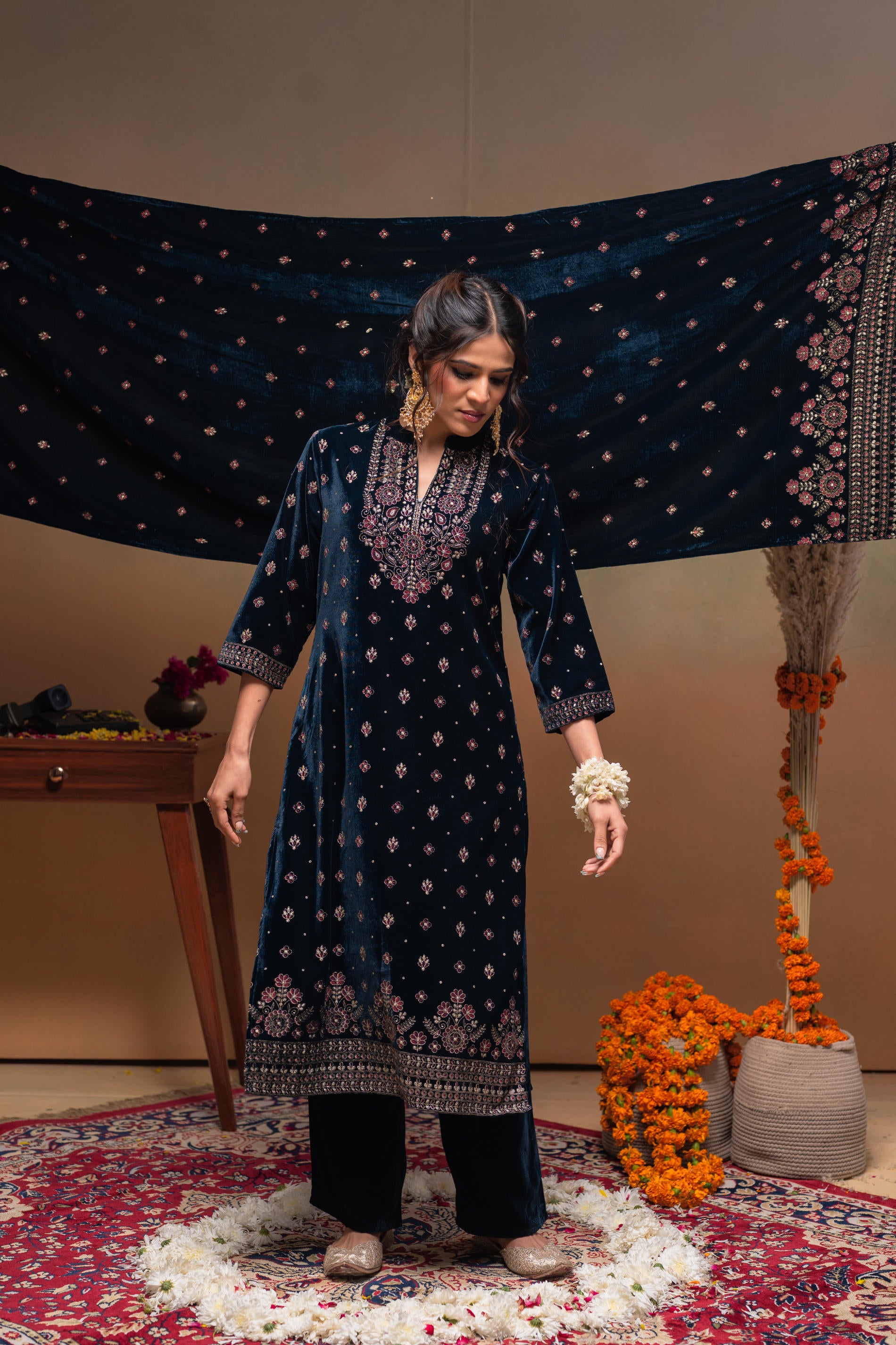 Teal , Embroidered Straight Kurta Set with dupatta