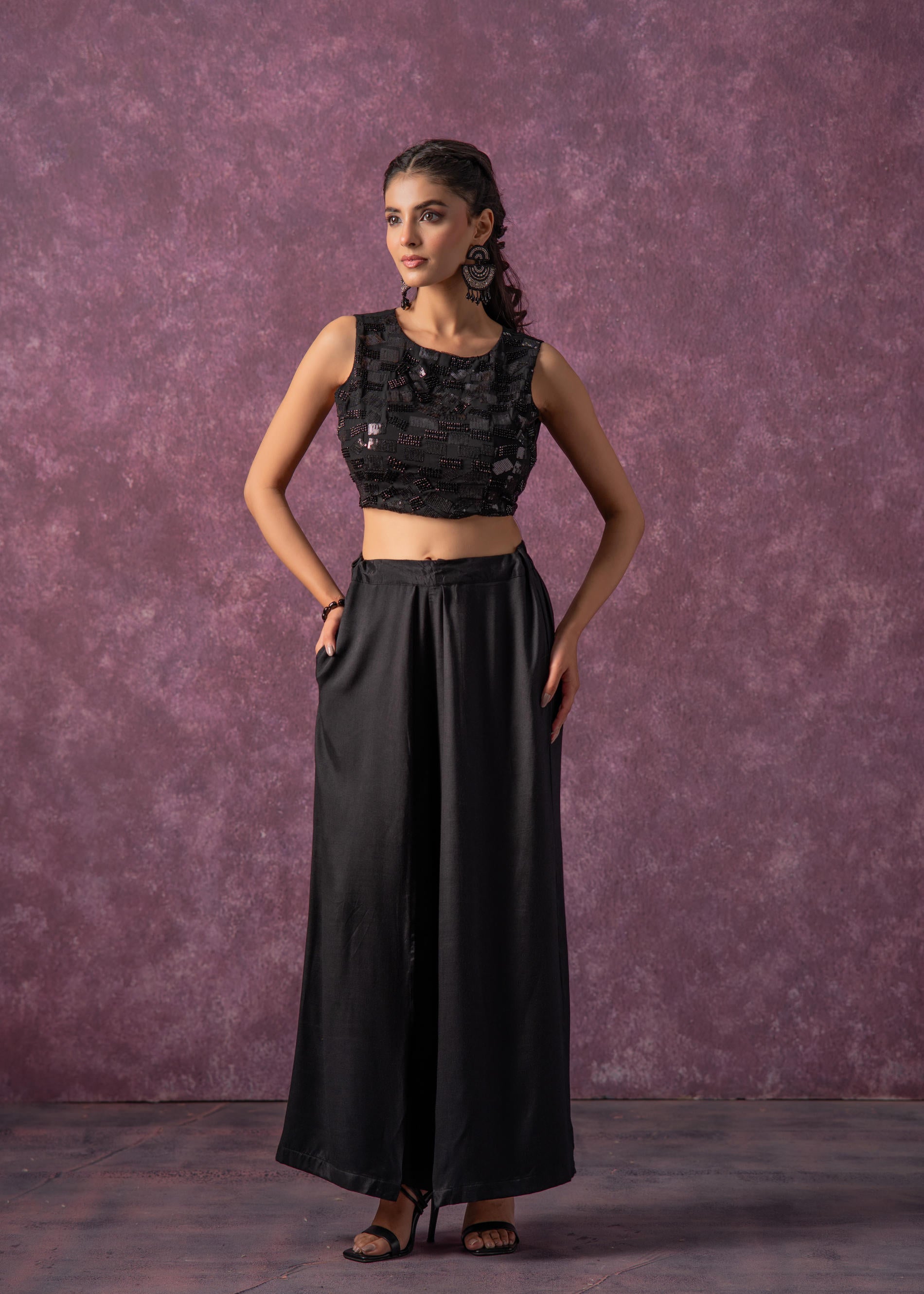 Black Solid Embellished Sleeveless Top with Beads & Sequence Work