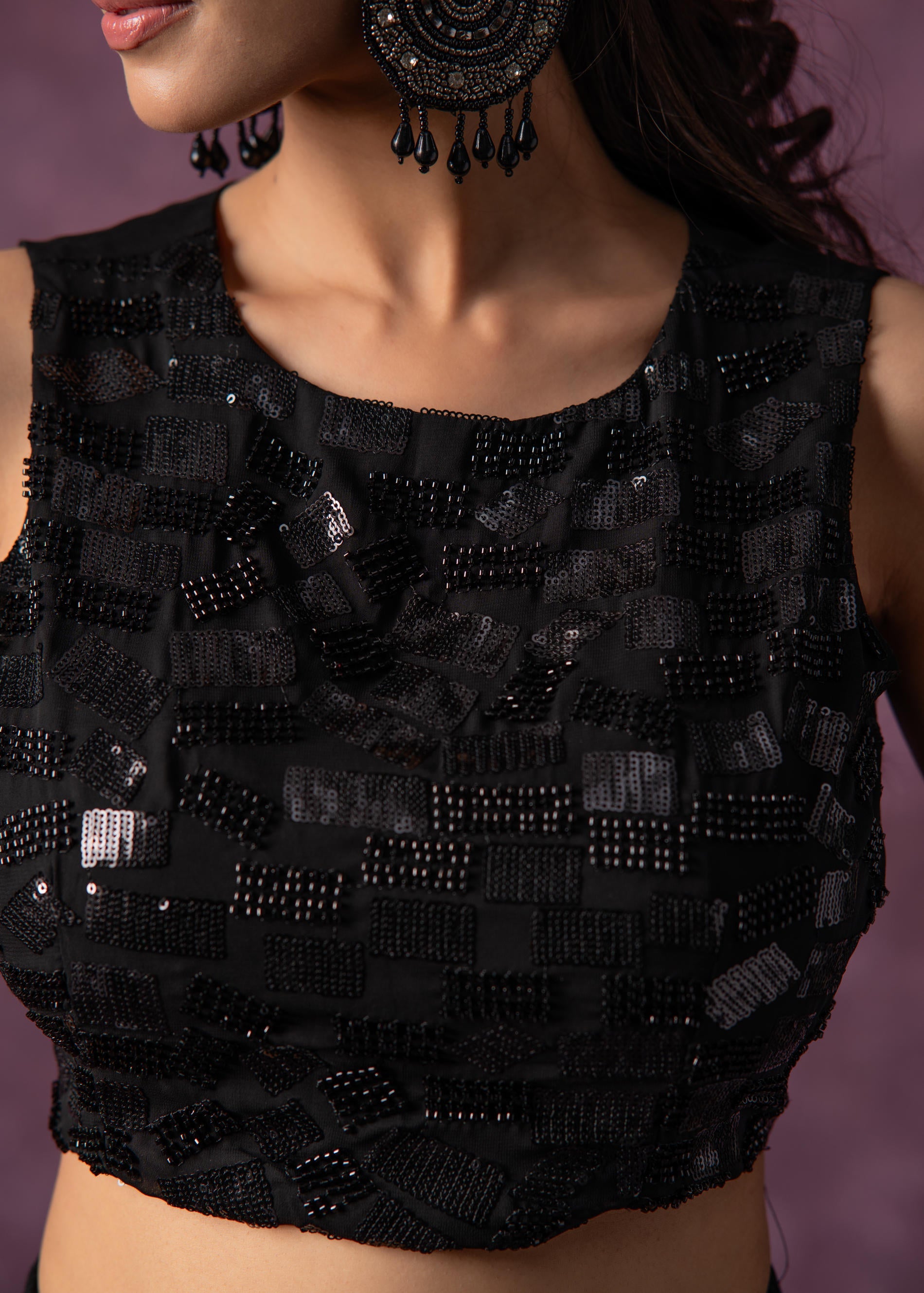 Black Solid Embellished Sleeveless Top with Beads & Sequence Work