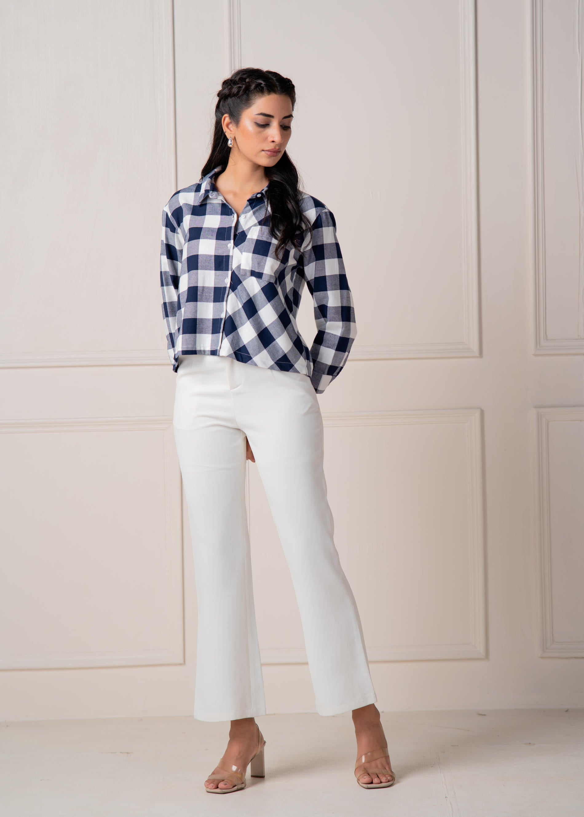 Lamora Navy & White Large Checkered Casual Button-Down Shirt