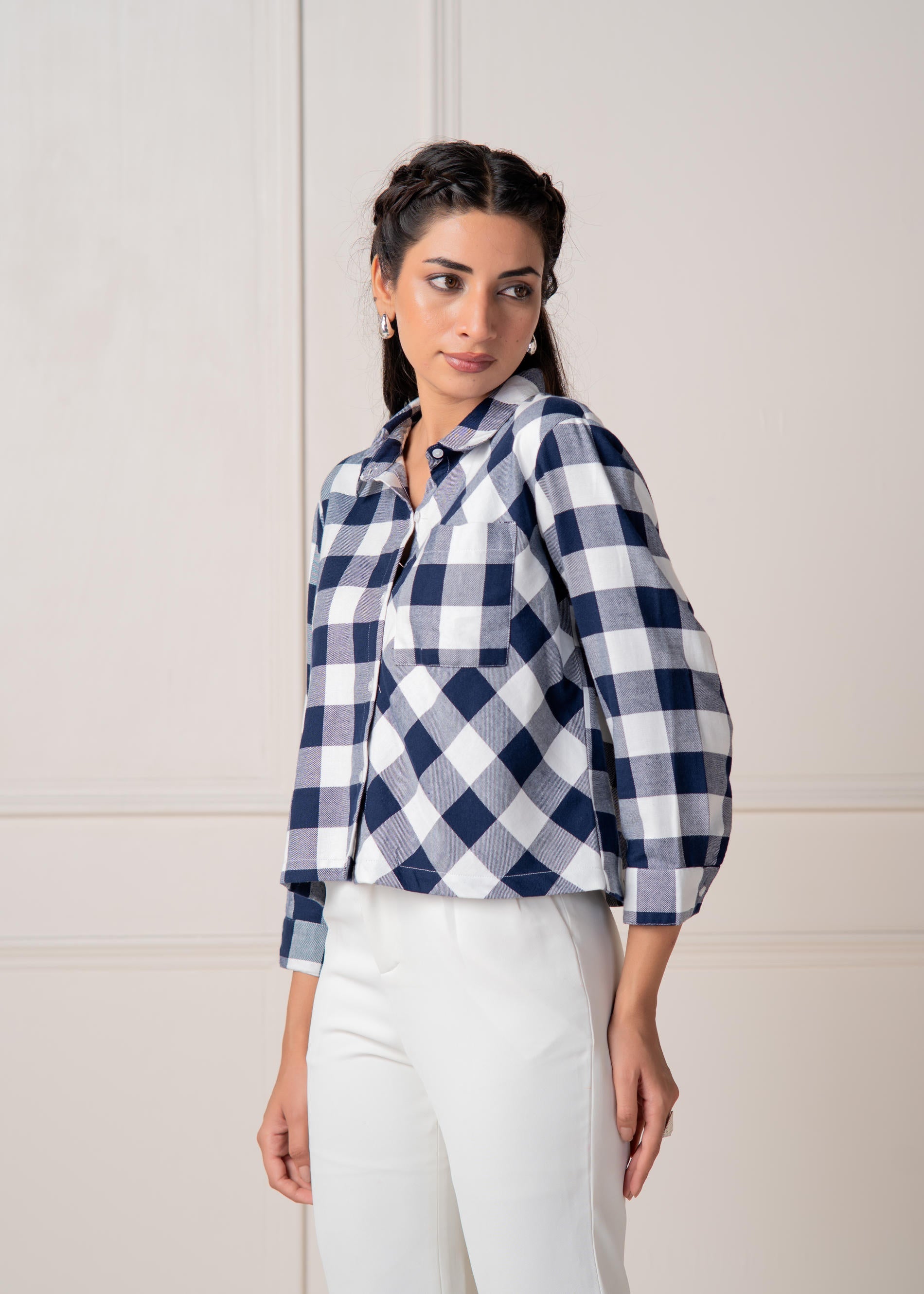 Lamora Navy & White Large Checkered Casual Button-Down Shirt