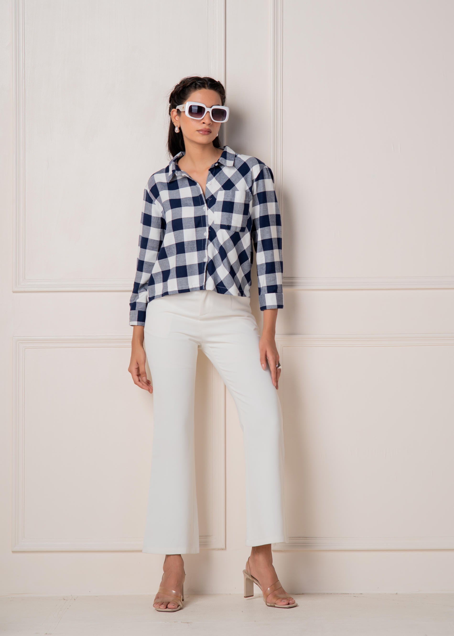 Lamora Navy & White Large Checkered Casual Button-Down Shirt