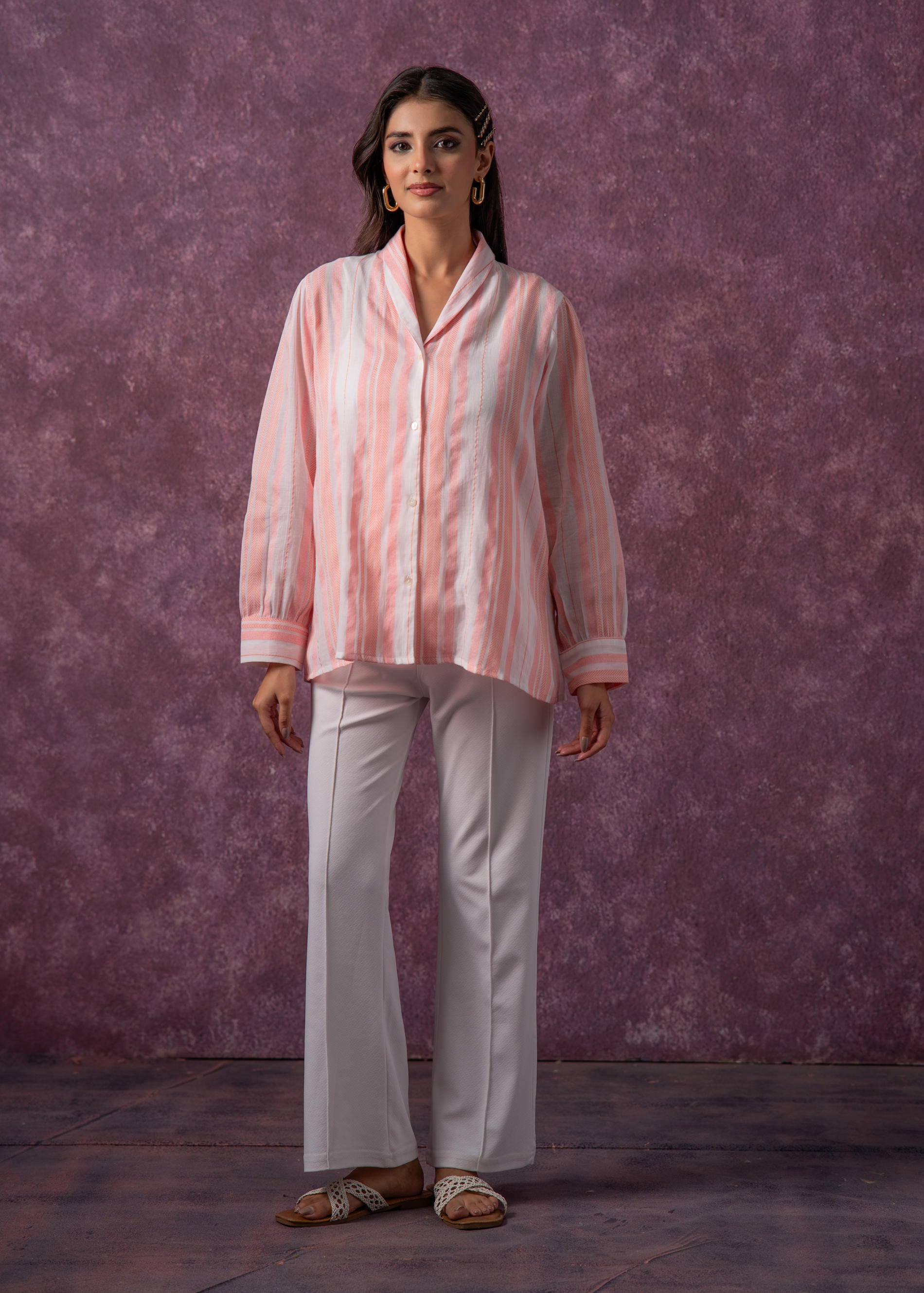 Lamora Peach & White Vertical Striped Relaxed-Fit Button-Down Shirt