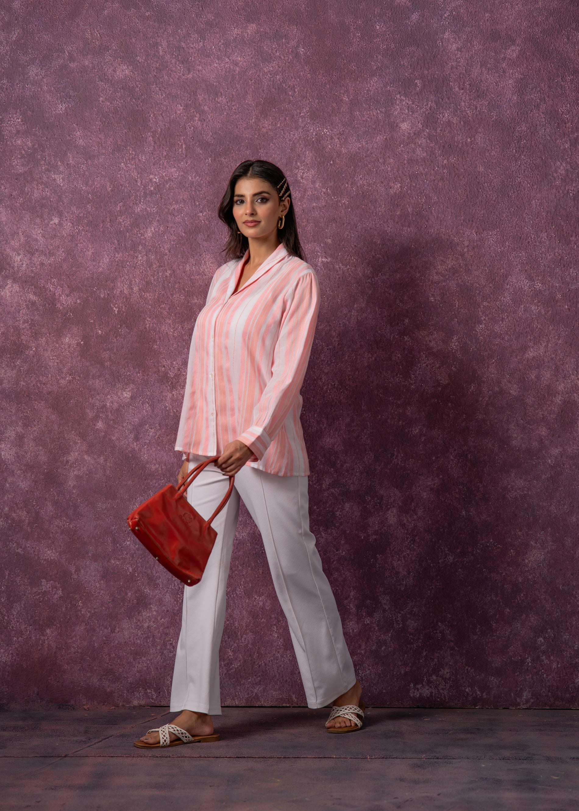 Lamora Peach & White Vertical Striped Relaxed-Fit Button-Down Shirt