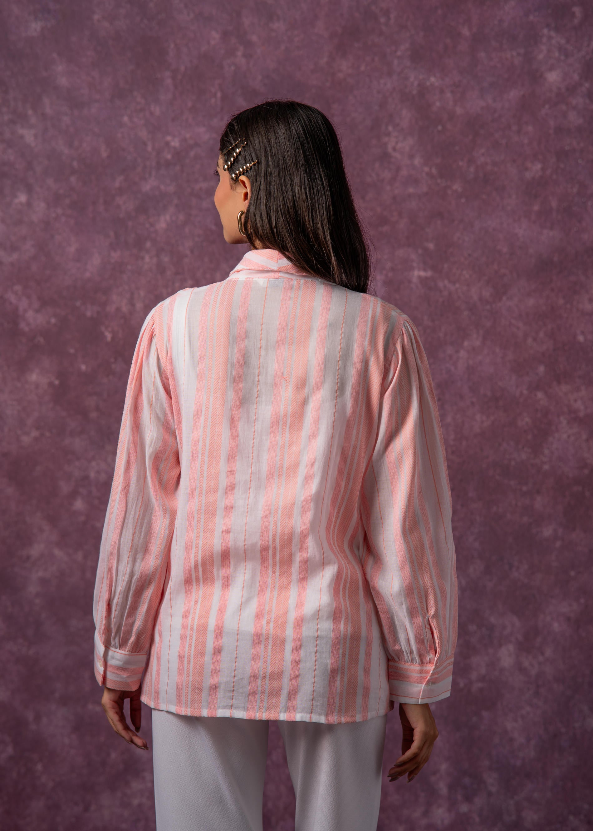 Lamora Peach & White Vertical Striped Relaxed-Fit Button-Down Shirt