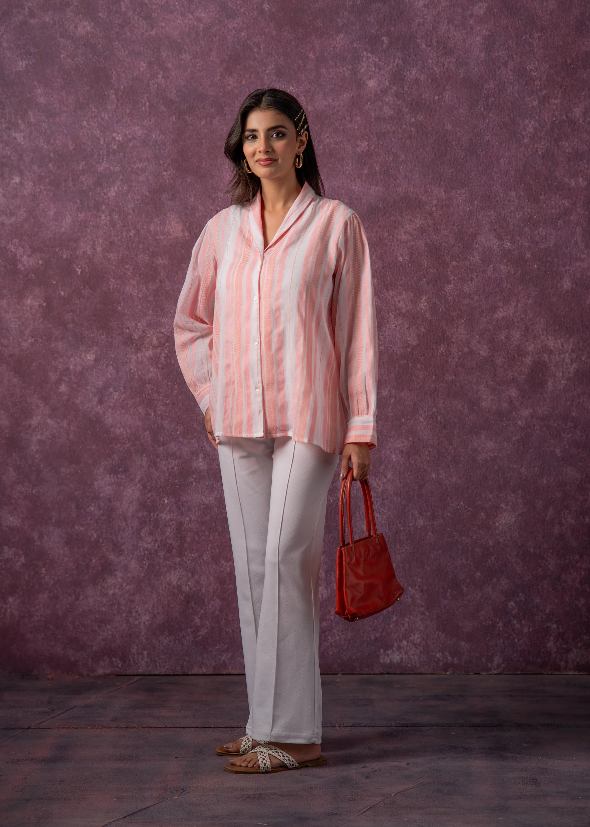 Lamora Peach & White Vertical Striped Relaxed-Fit Button-Down Shirt