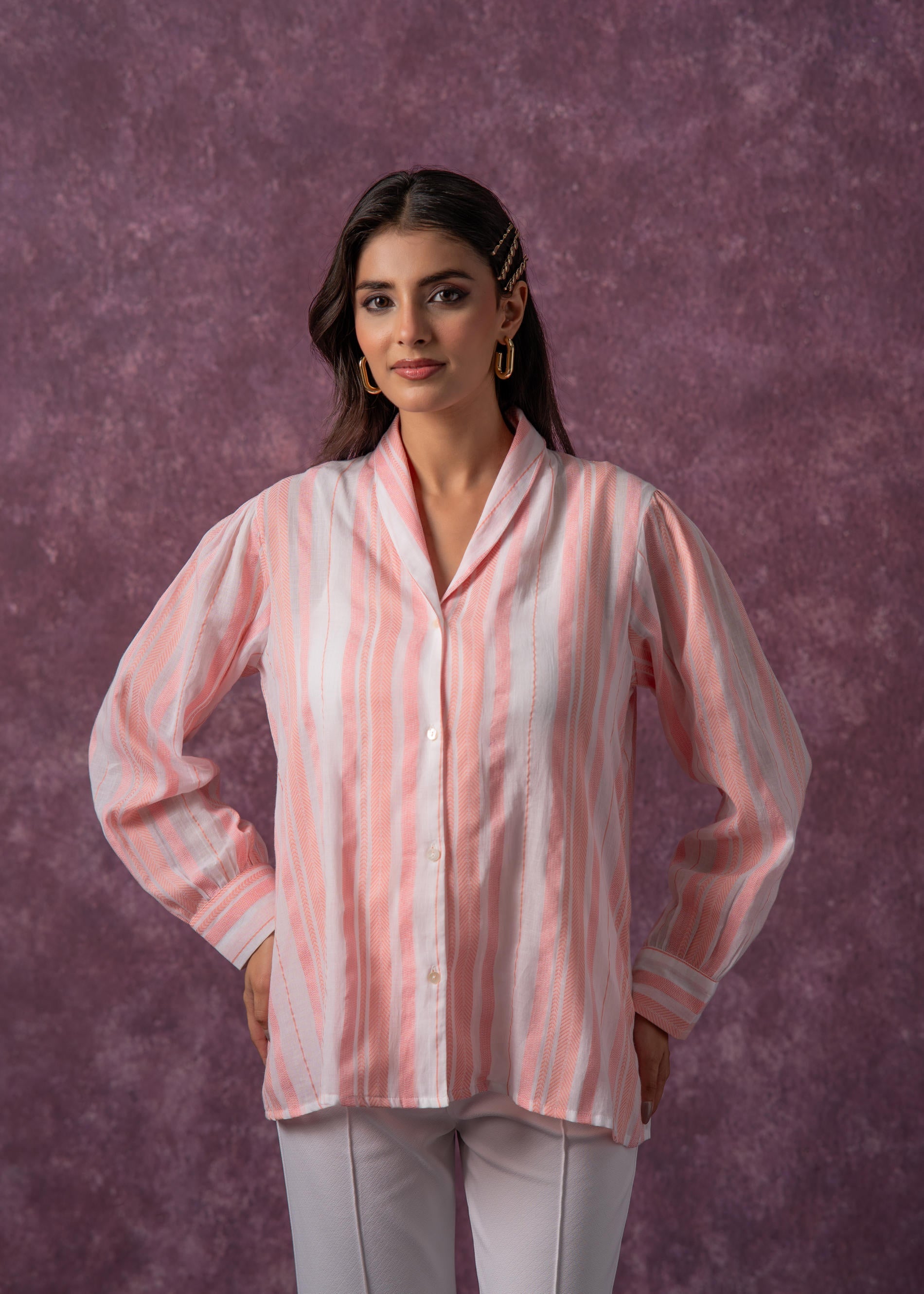 Lamora Peach & White Vertical Striped Relaxed-Fit Button-Down Shirt
