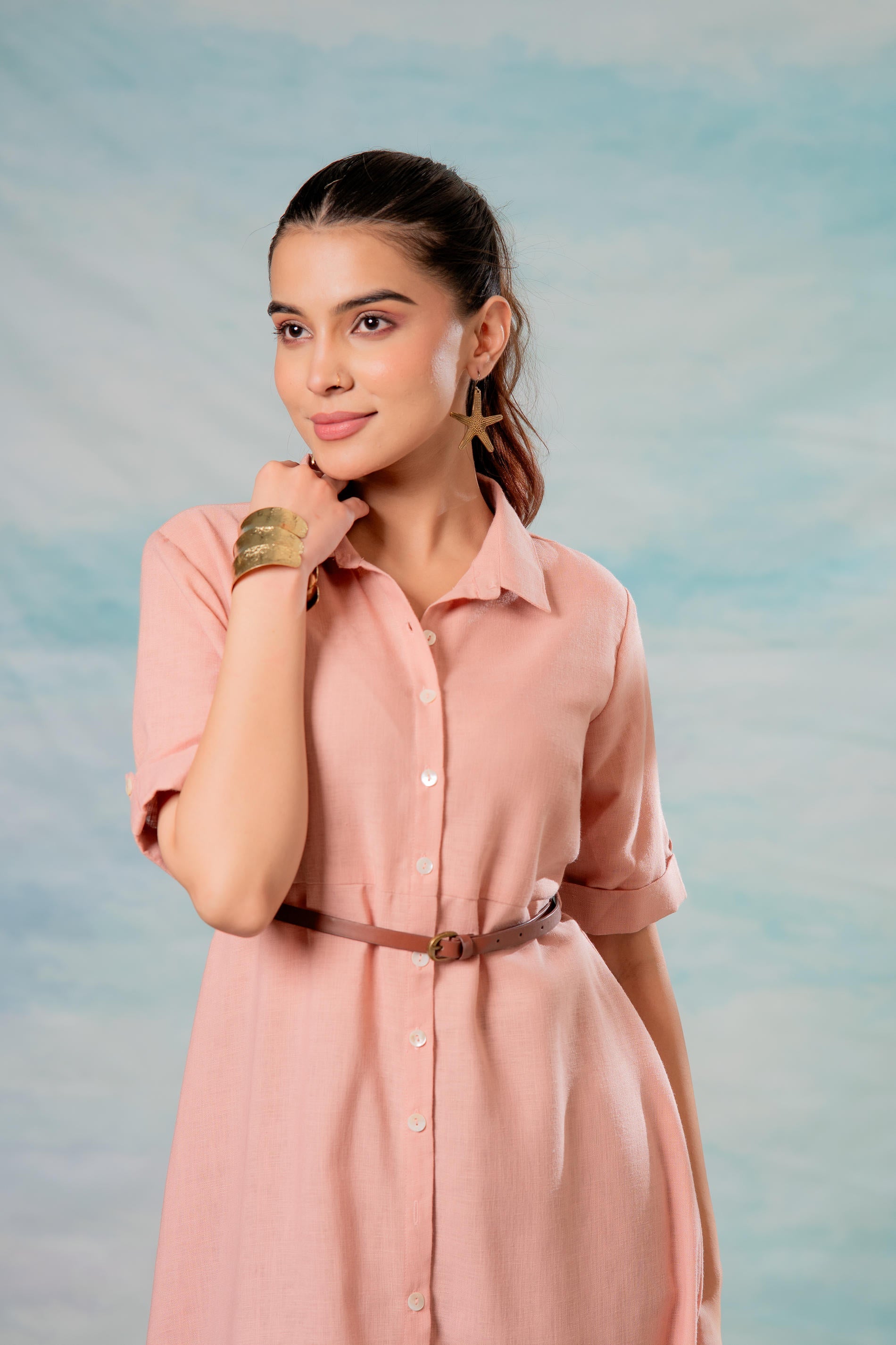 Lamora RoseGold Belted Shirt Dress