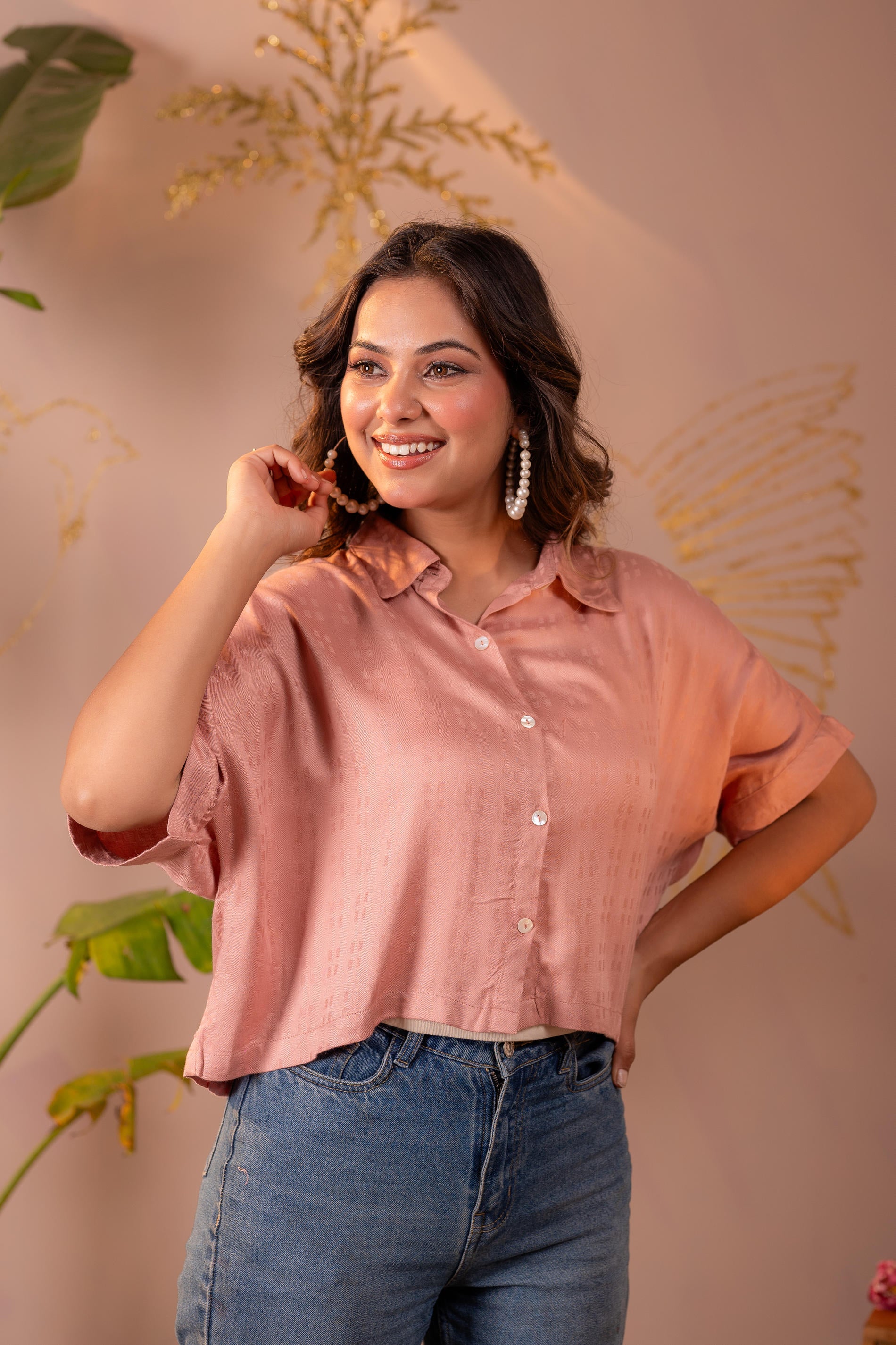 Lamora Rose Gold Textured Casual Shirt Top