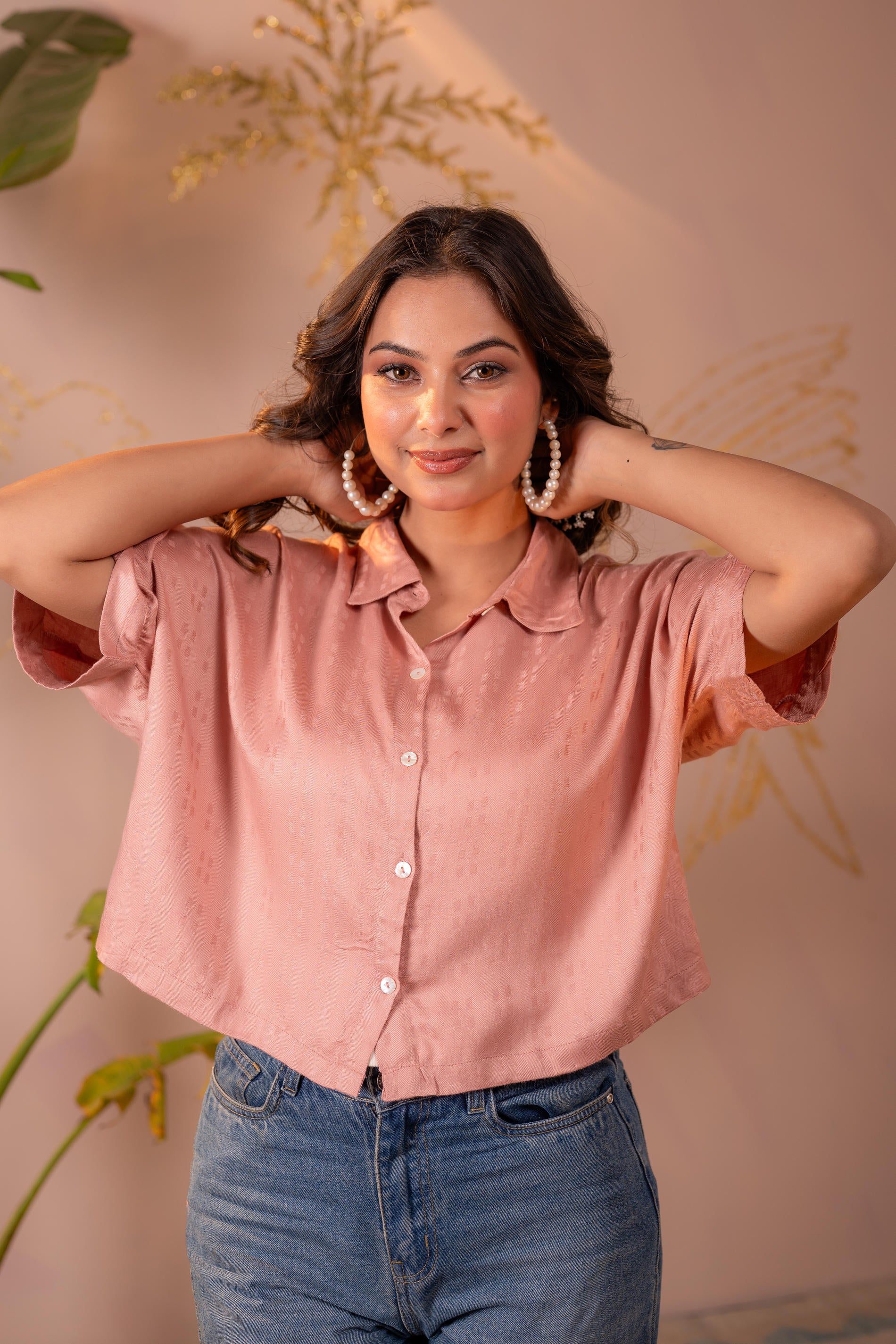 Lamora Rose Gold Textured Casual Shirt Top