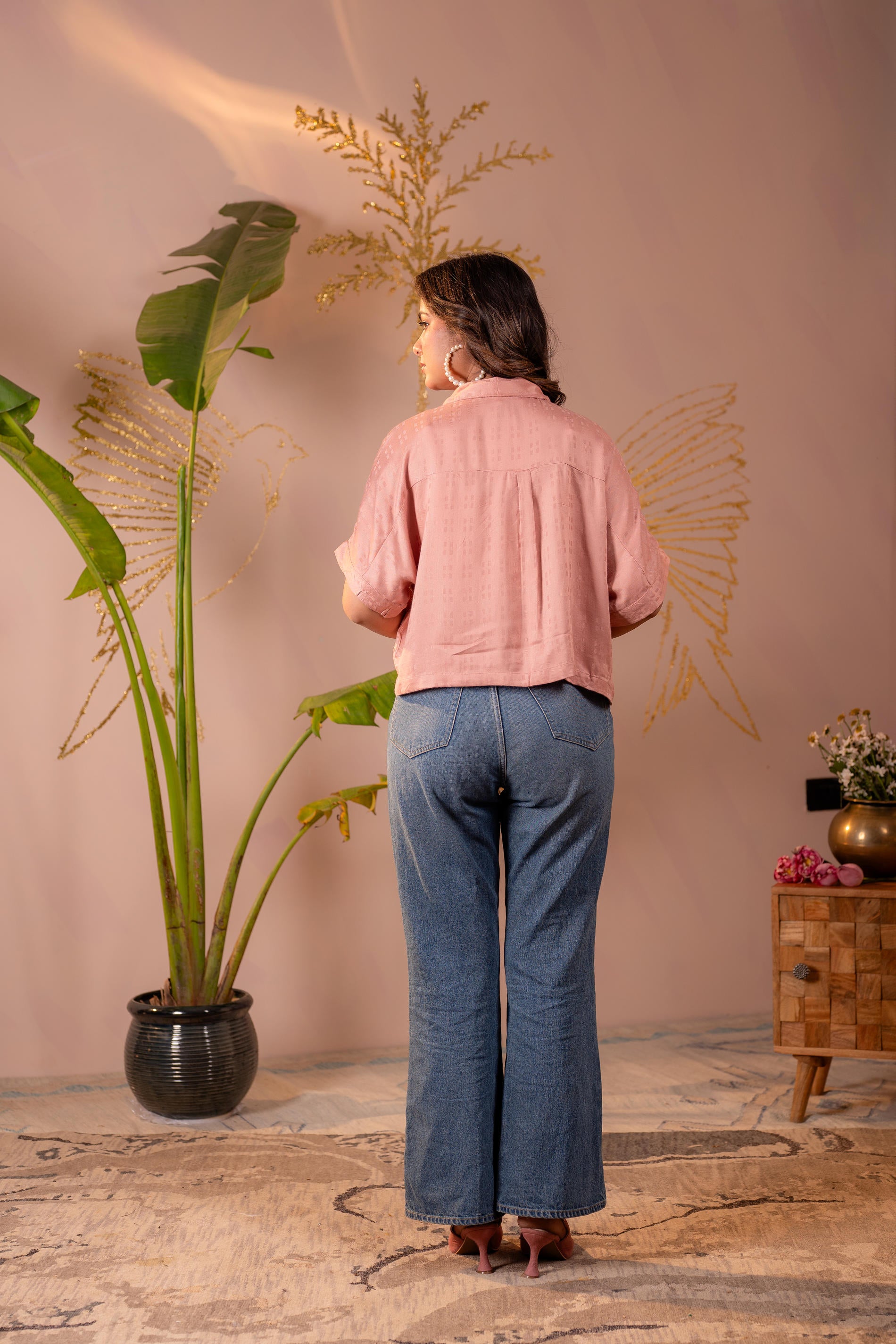 Lamora Rose Gold Textured Casual Shirt Top