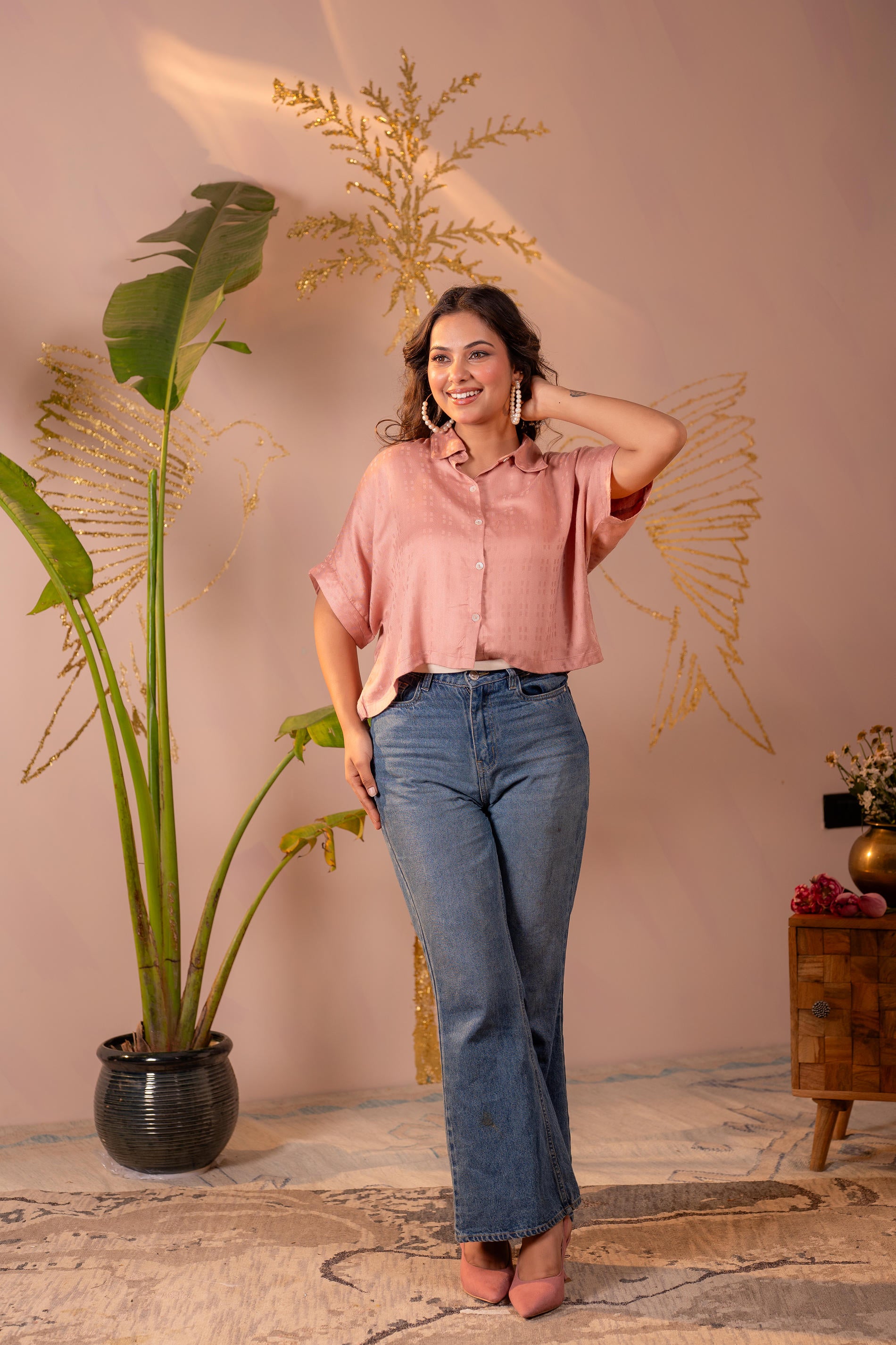 Lamora Rose Gold Textured Casual Shirt Top