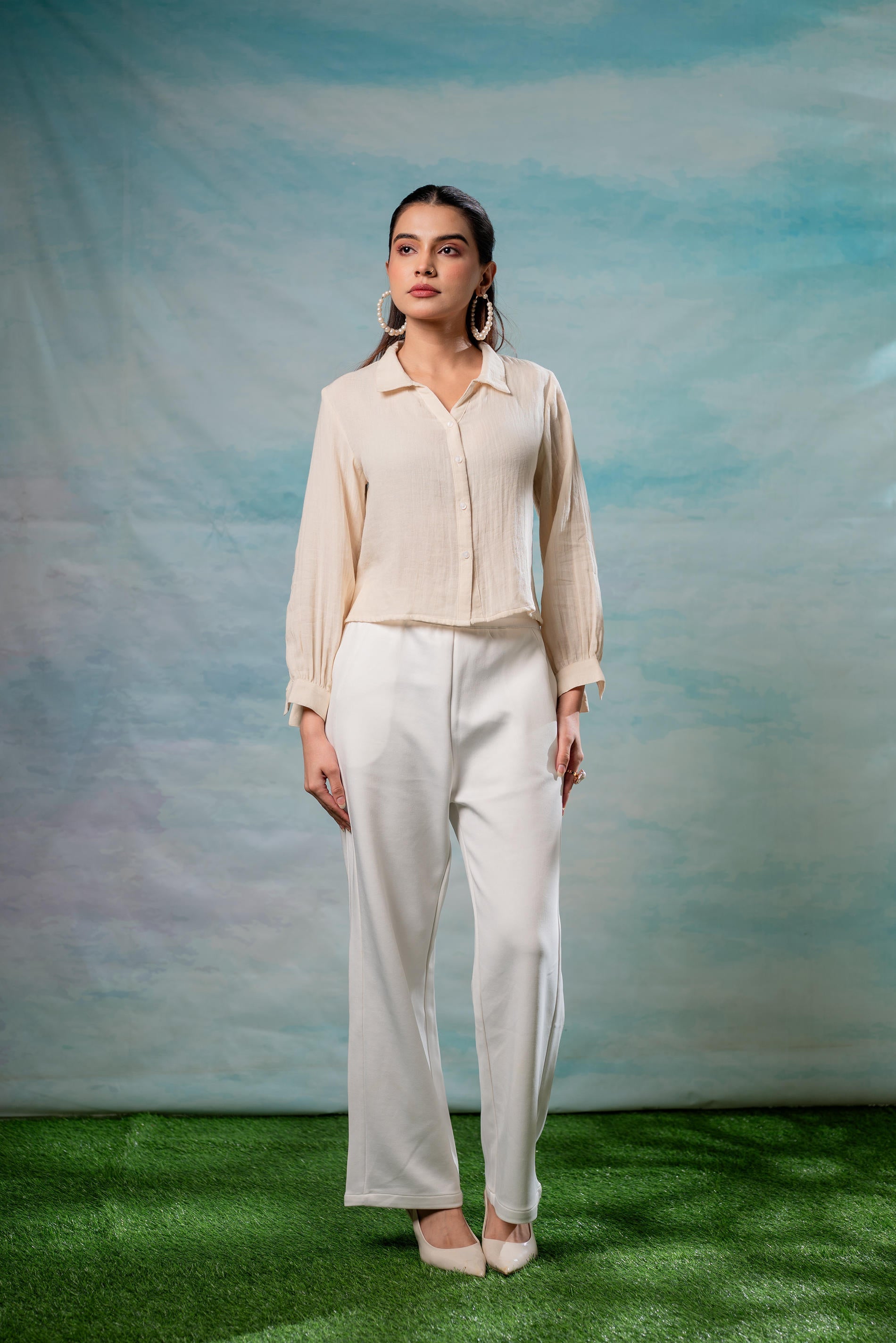 Lamora Beige Minimal Textured Shirt