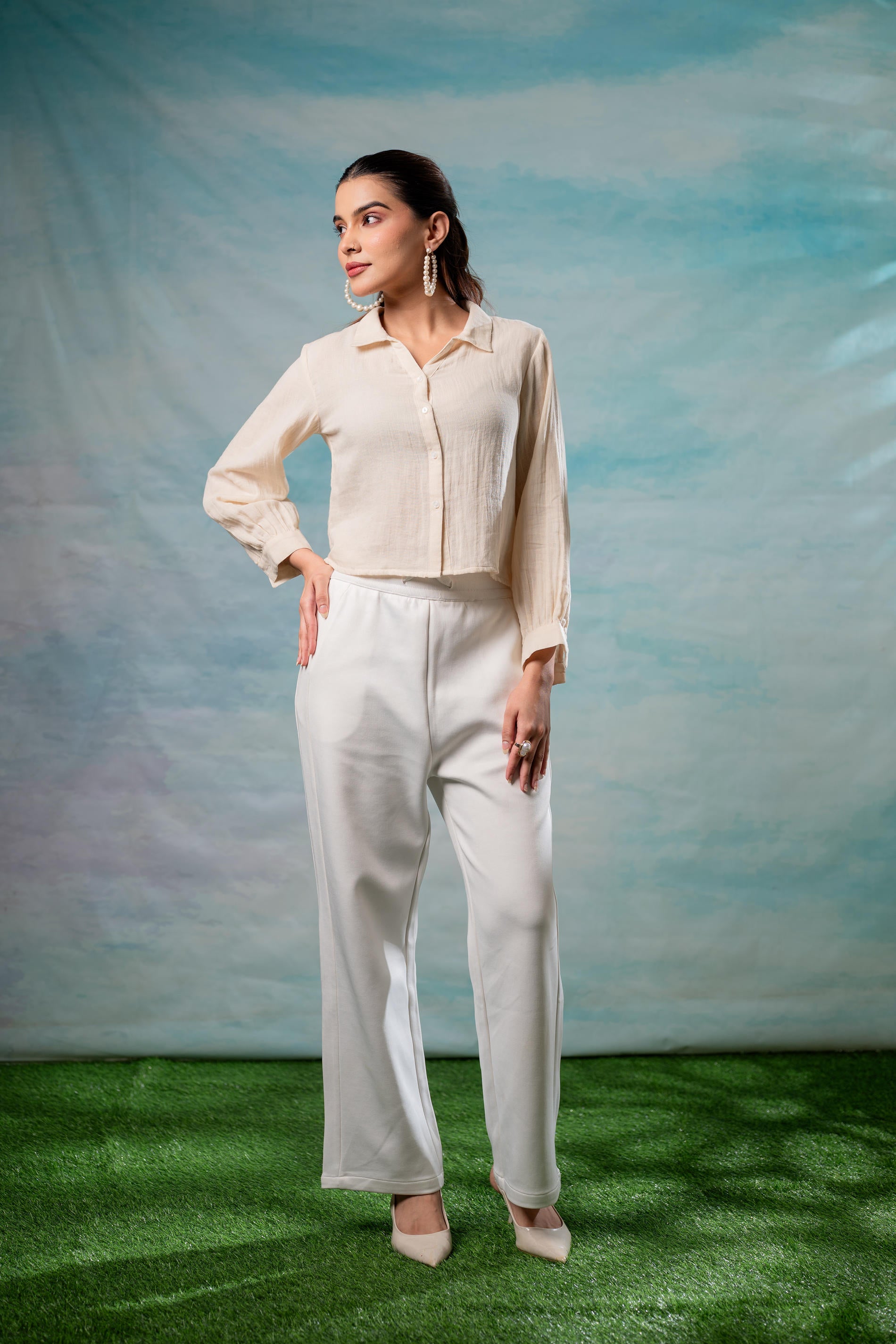 Lamora Beige Minimal Textured Shirt