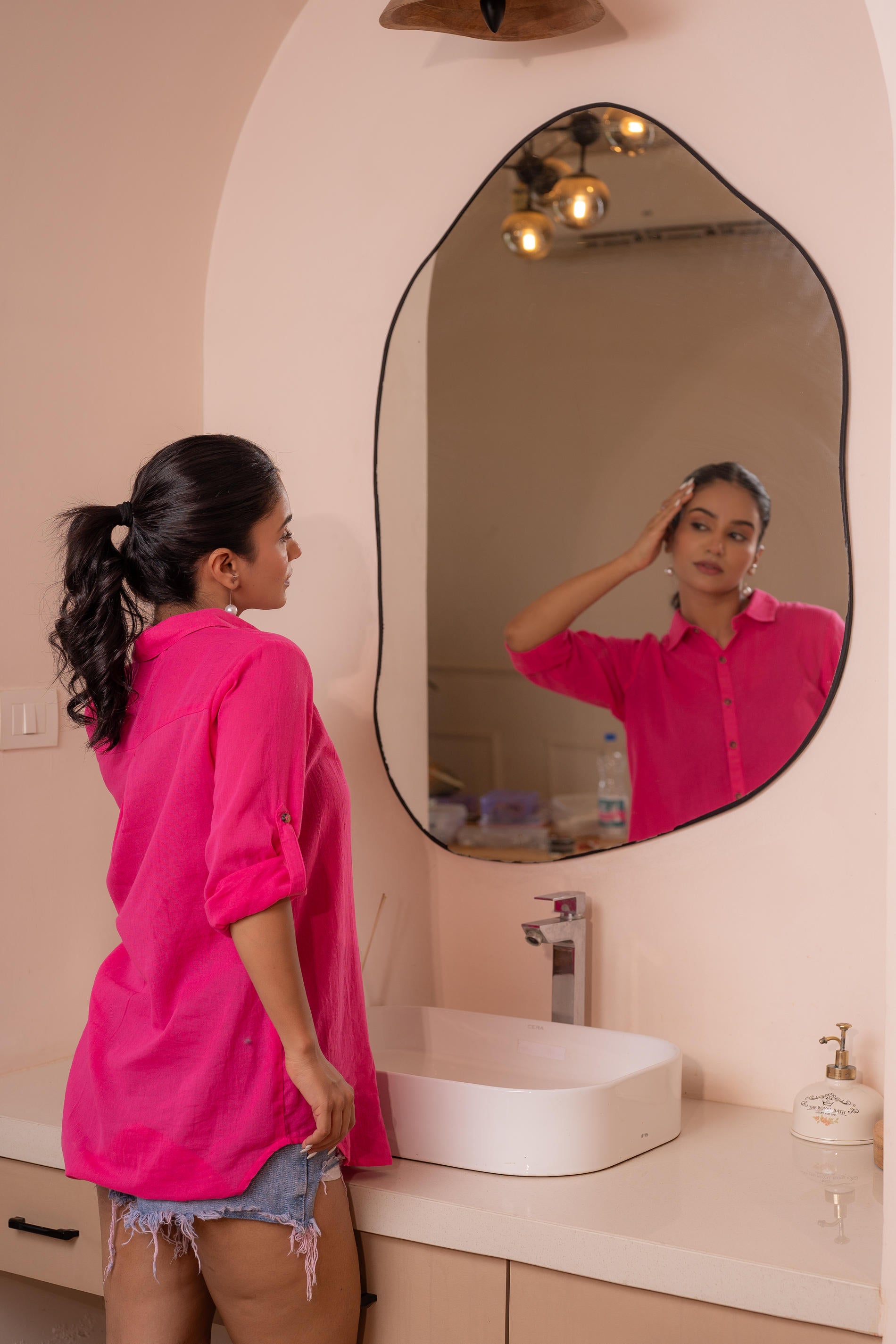 Lamora Hot Pink Solid Casual Oversized Shirt for Women