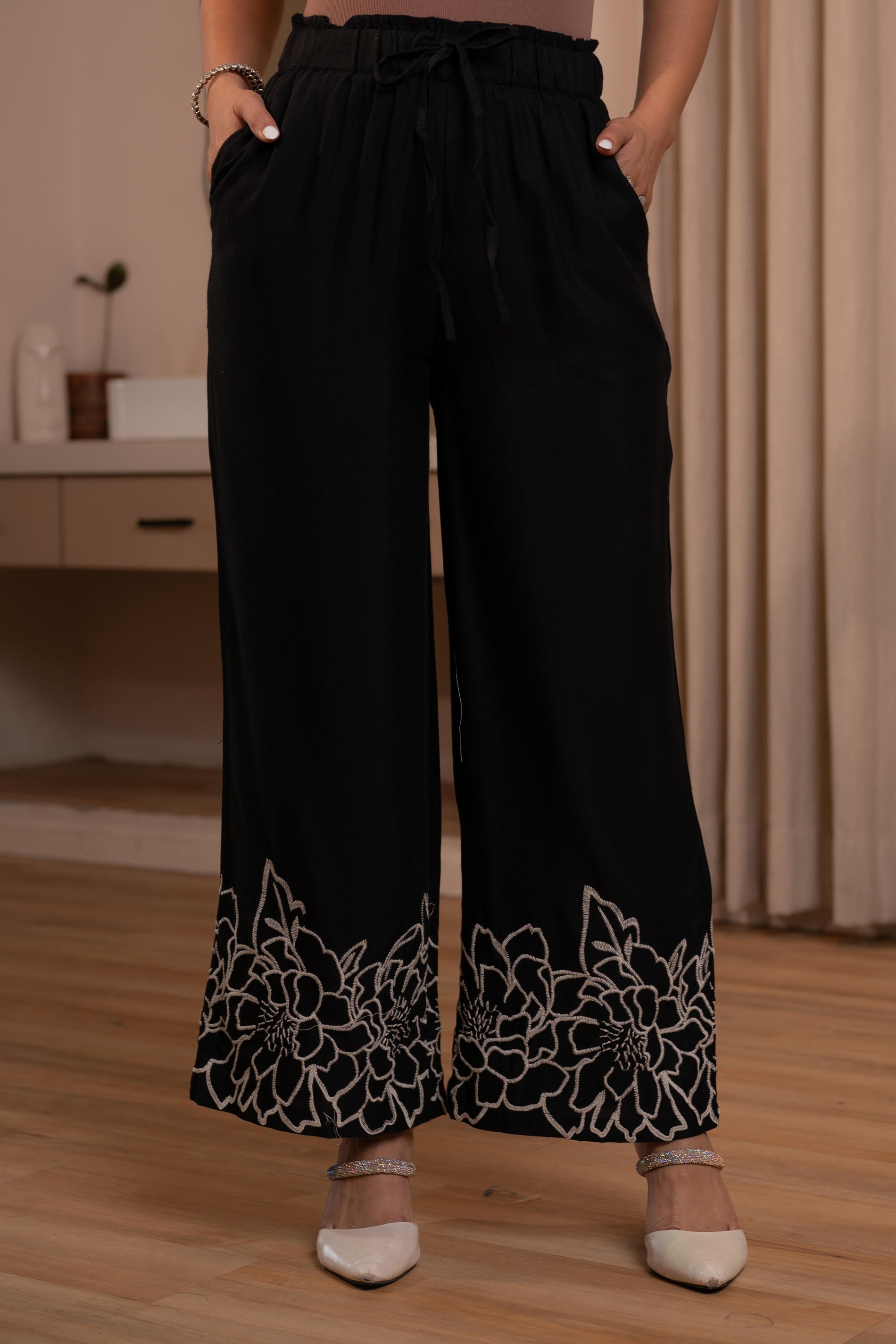 Lamora Black Floral Embroidered Co-ord Set